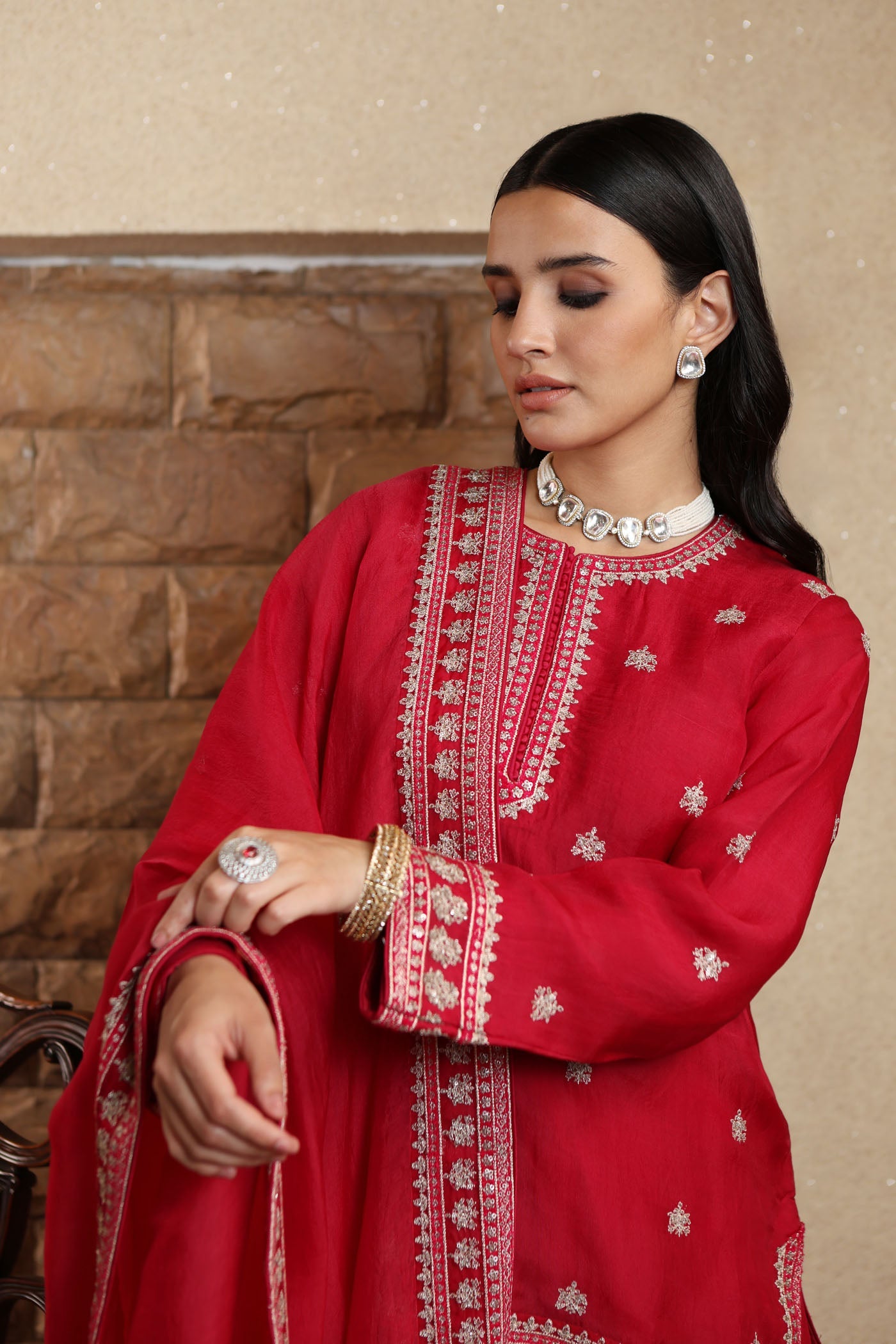 Rani-Pink Hand-Embroidered Pure Silk-Organza Short-Kurta-Sharara Set Paired With Pure Silk-Organza Dupatta