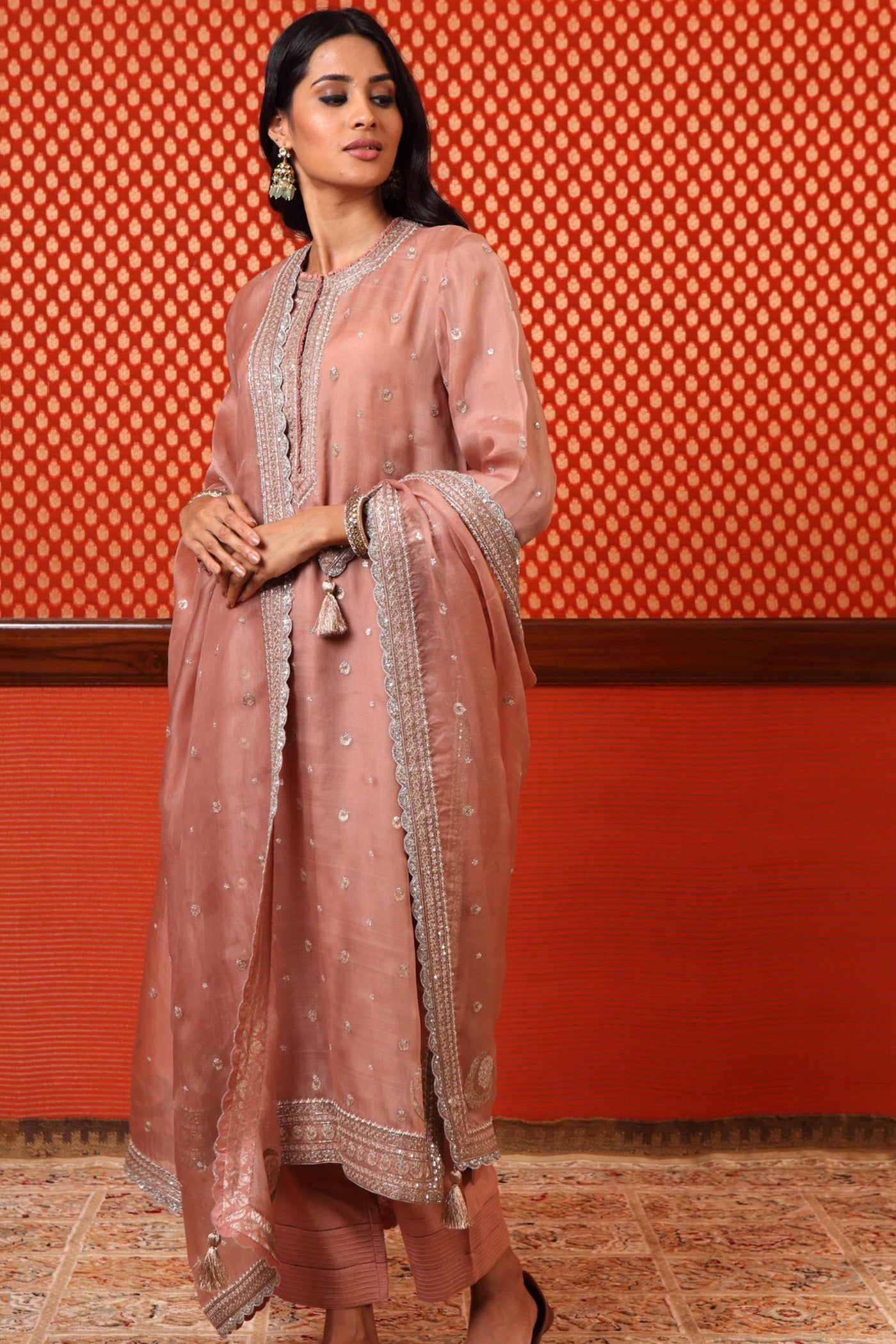 Hand Embroidered Rose Brown Pure Katan Silk Kurta Pants Set