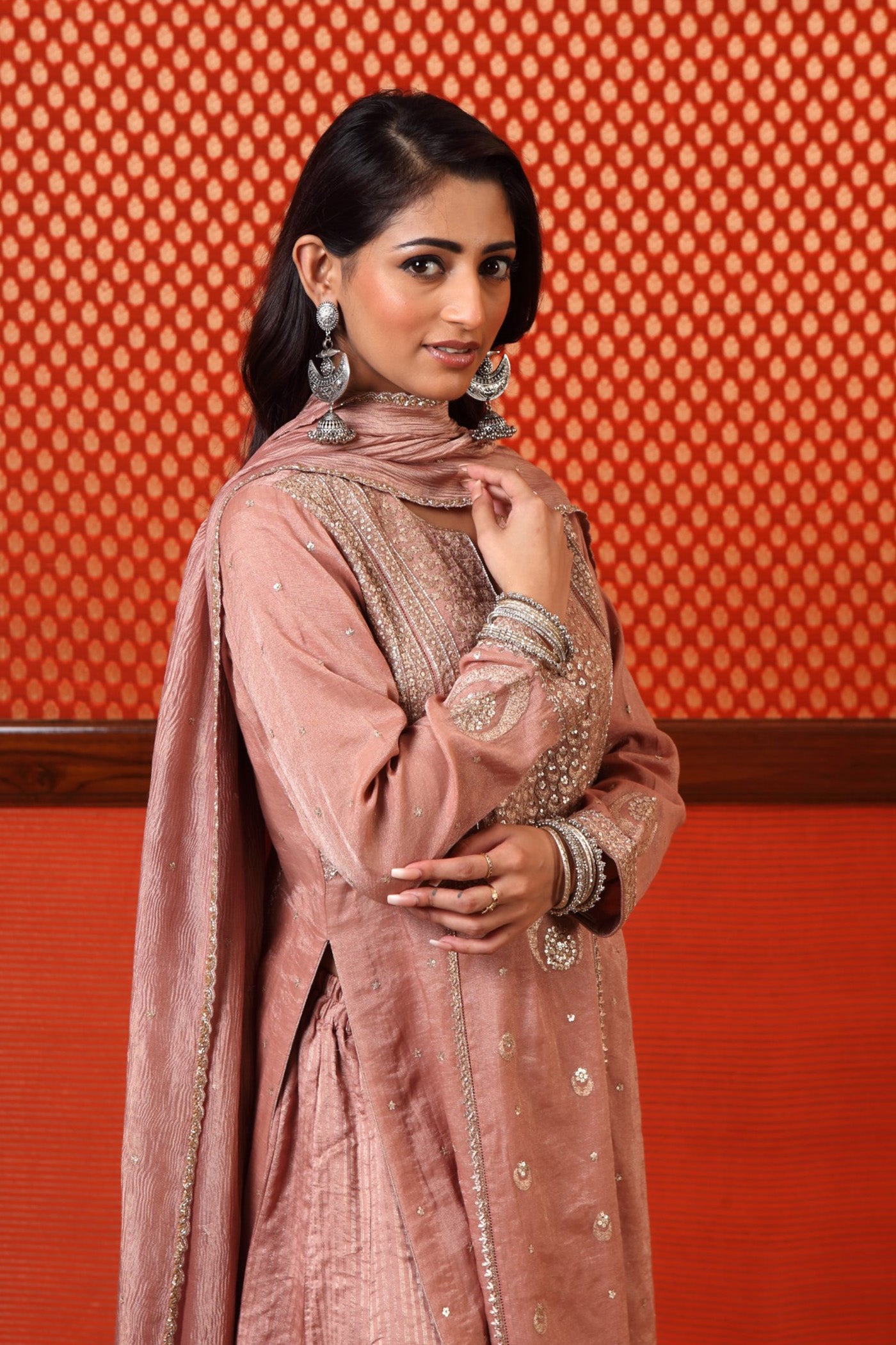 Hand Embroidered Rose Brown Pure Metallic Cotton Silk Kurta Sharara Set