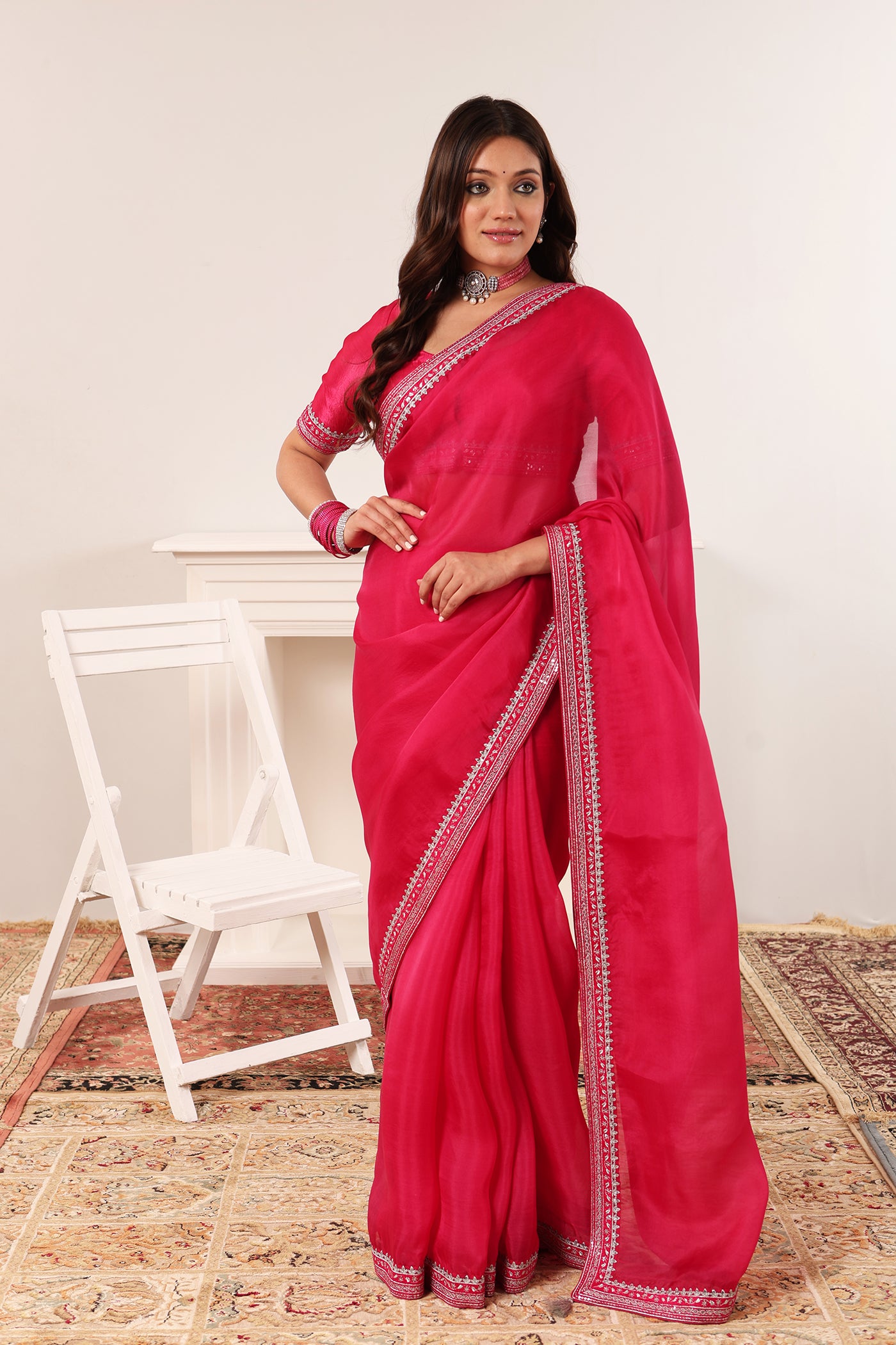 Rani-Pink Embroidered Pure Silk-Organza Saree-Blouse Set