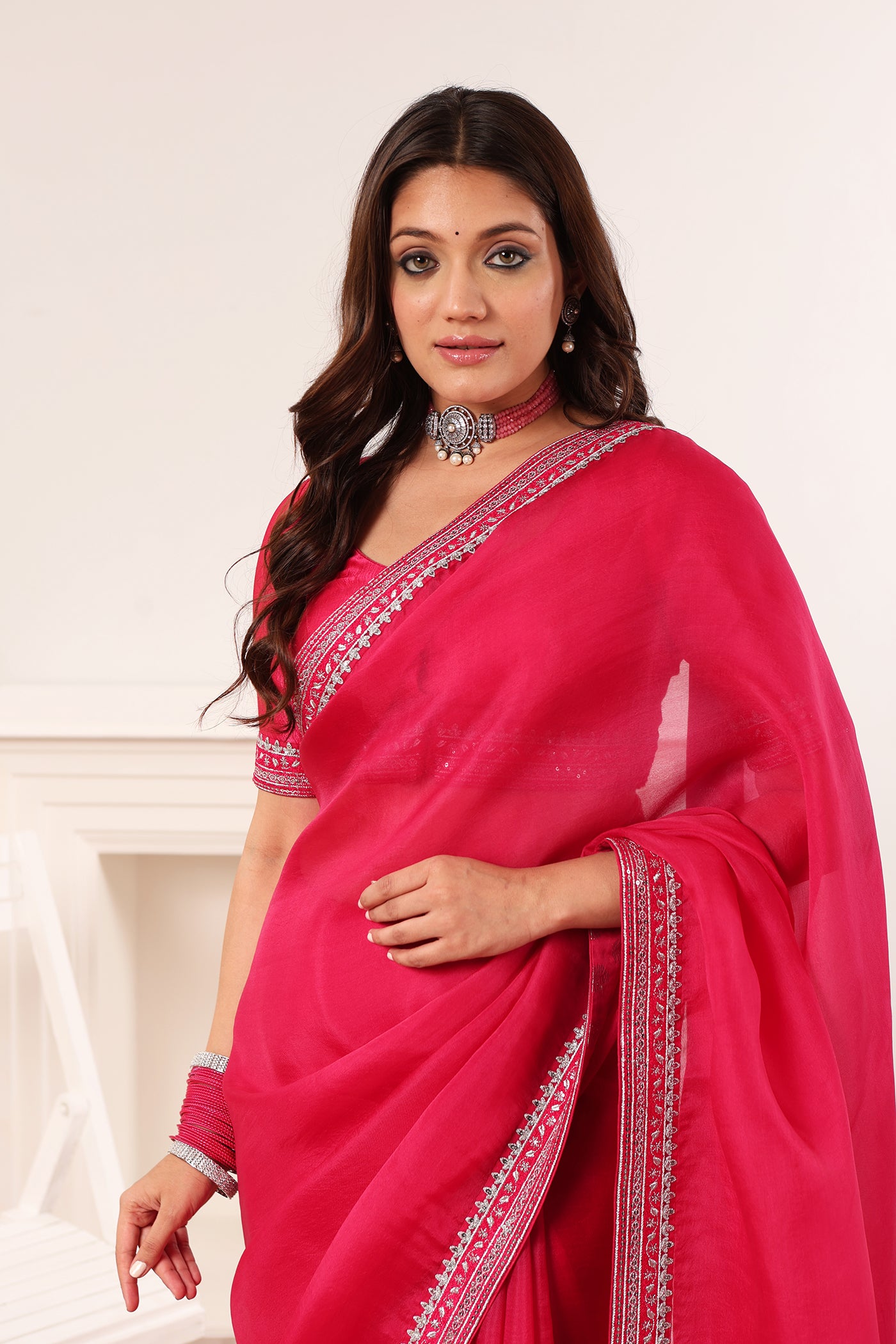 Rani-Pink Embroidered Pure Silk-Organza Saree-Blouse Set