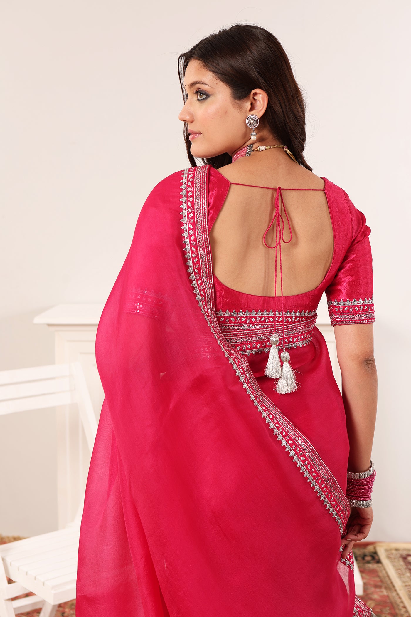 Rani-Pink Embroidered Pure Silk-Organza Saree-Blouse Set