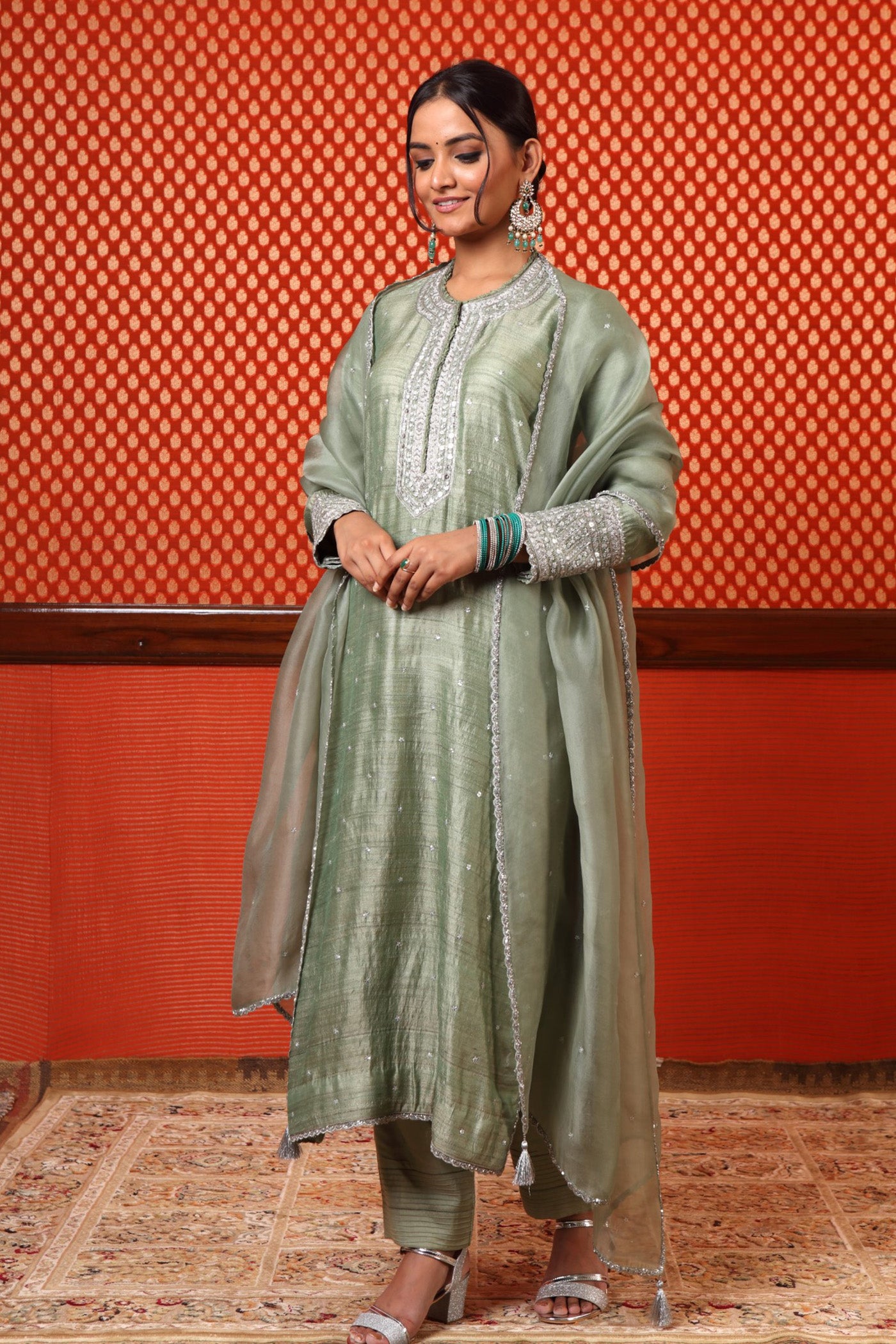 Hand Embroidered Dusty Fern Green Pure Tussar Georgette Kurta Pants Set
