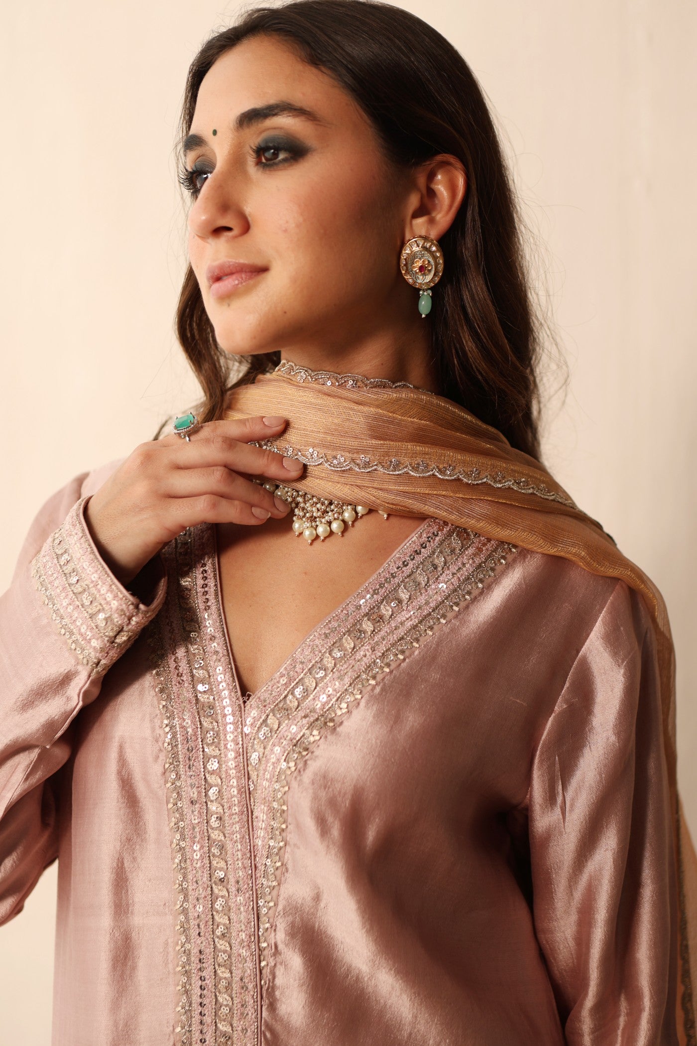 Old-Rose Embroidered Pure Silk Long-Kurta Paired With Pure Silk-Cotton With Metallic Weave Pants Set