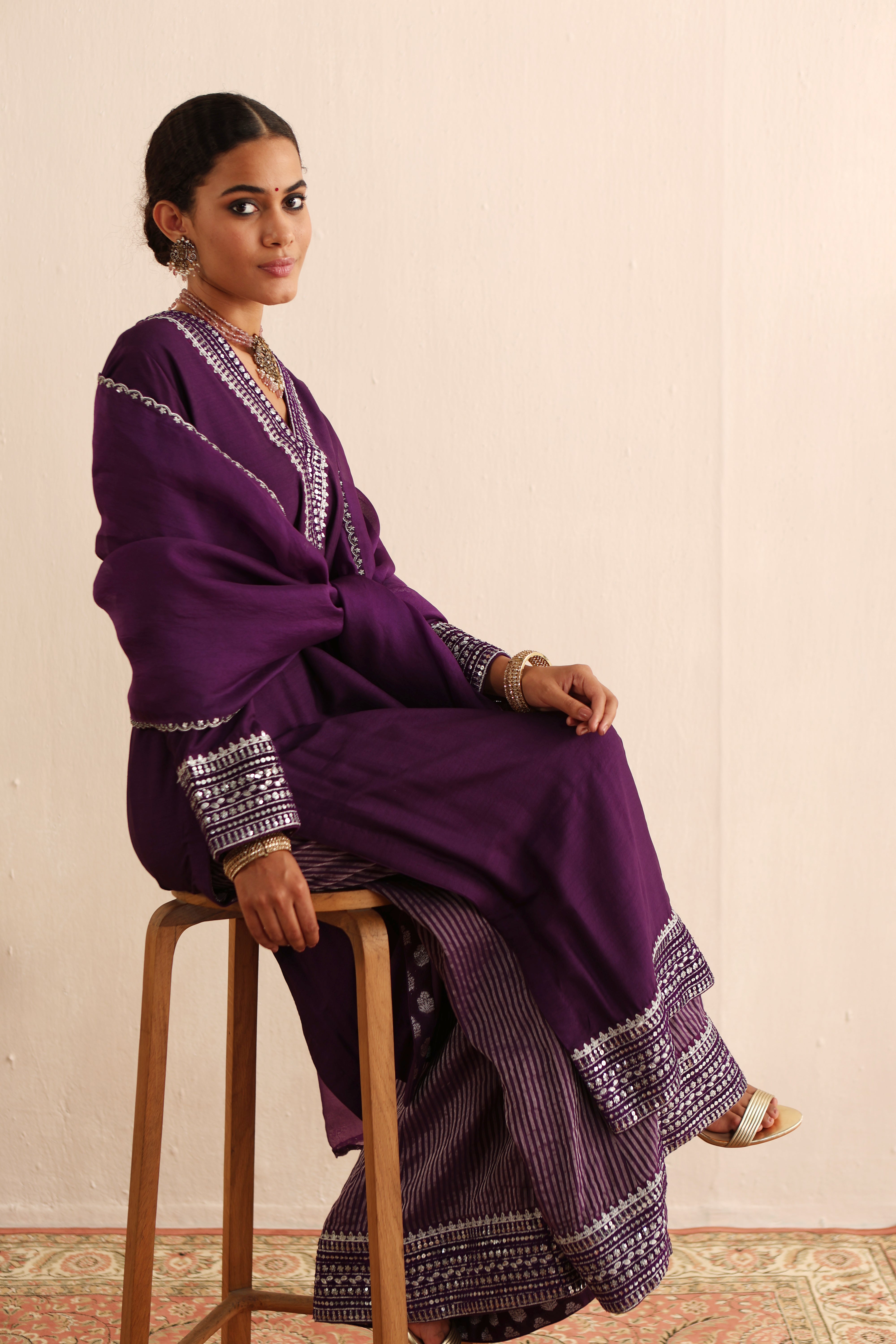 Aubergine Embroidered Pure Muga-Silk Kurta- Flared Pants Set