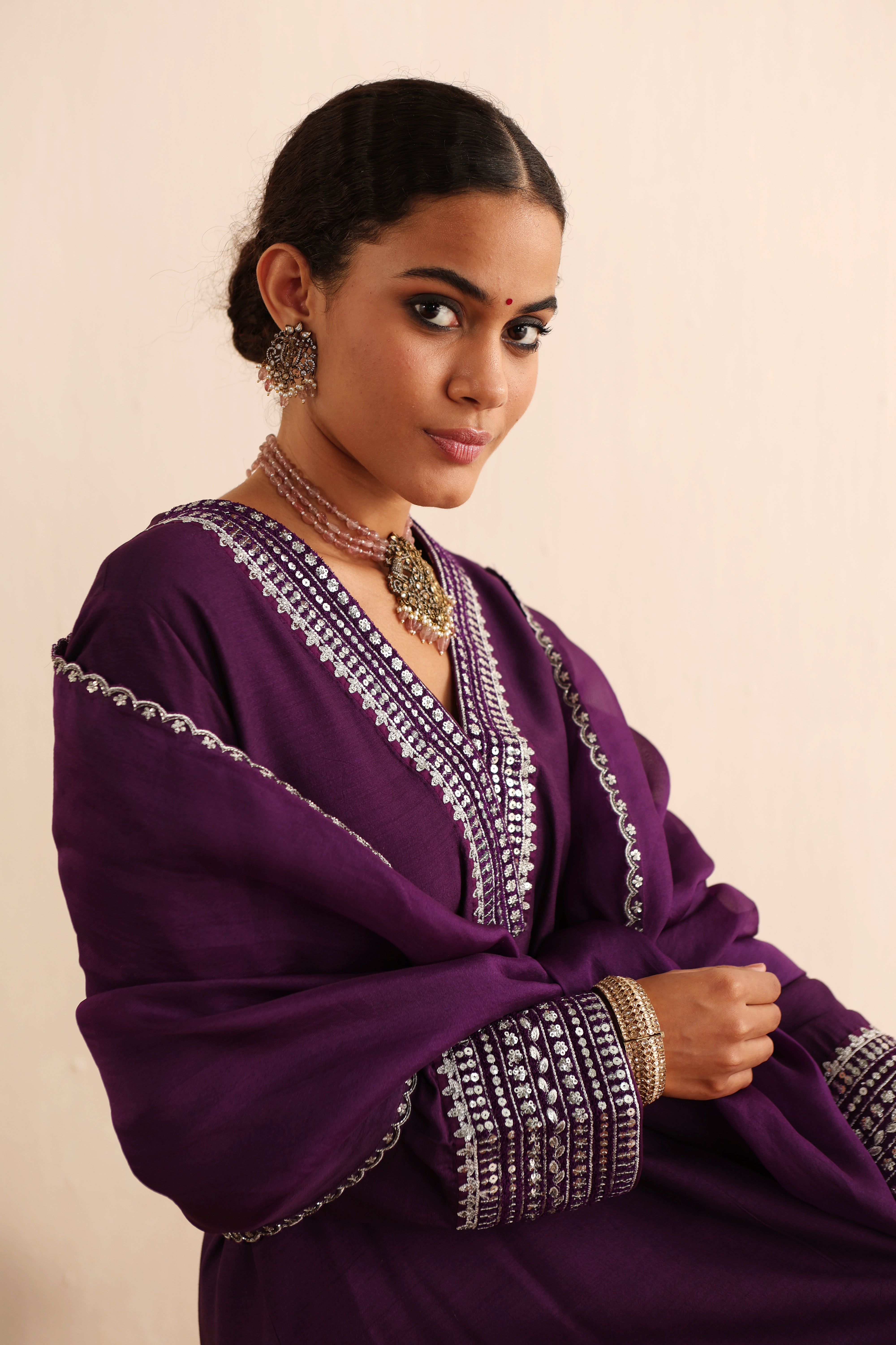 Aubergine Embroidered Pure Muga-Silk Kurta- Flared Pants Set