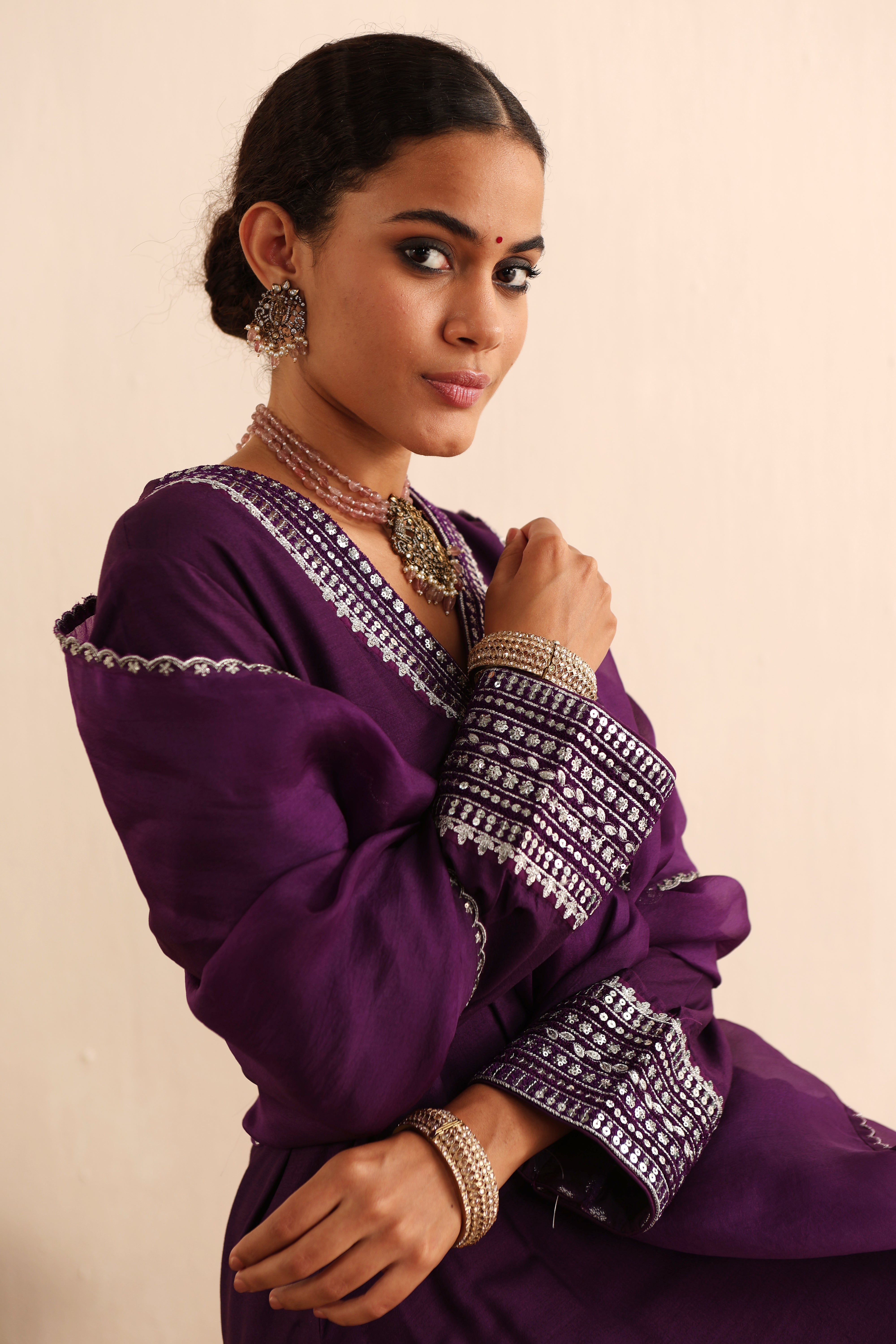 Aubergine Embroidered Pure Muga-Silk Kurta- Flared Pants Set