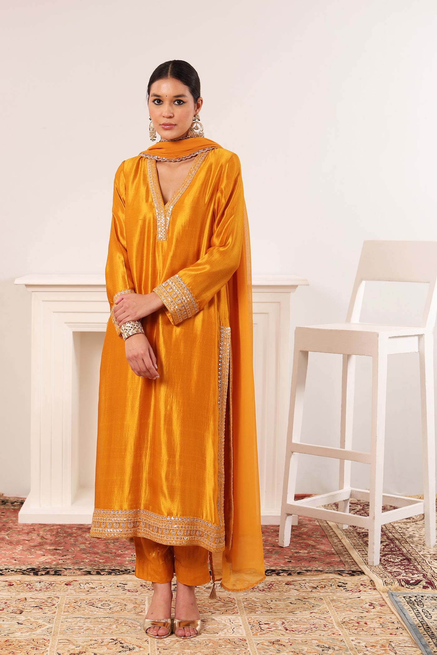 Mustard-Orange Embroidered Pure Silk Kurta-Pants Set