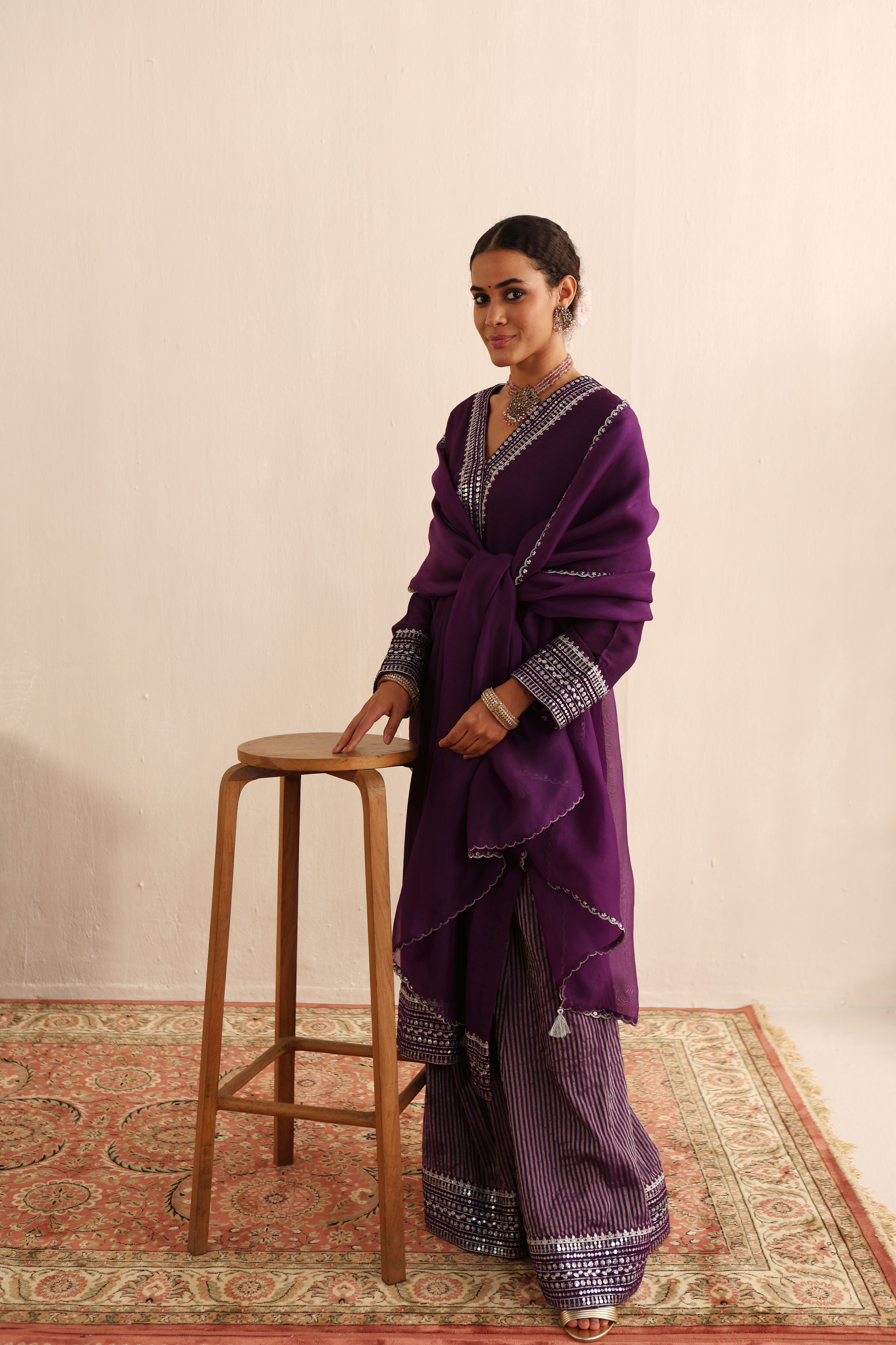 Aubergine Embroidered Pure Muga-Silk Kurta- Flared Pants Set