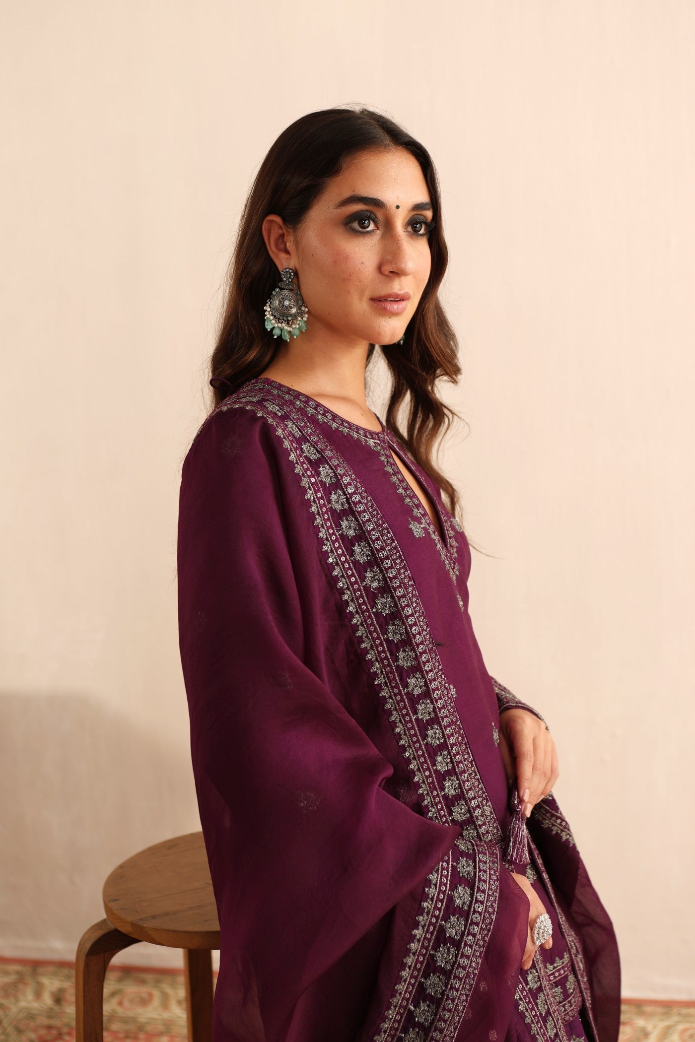 Purple Hand-Embroidered Pure Silk-Organza Short-Kurta-Sharara Set Paired With Pure Silk-Organza Dupatta