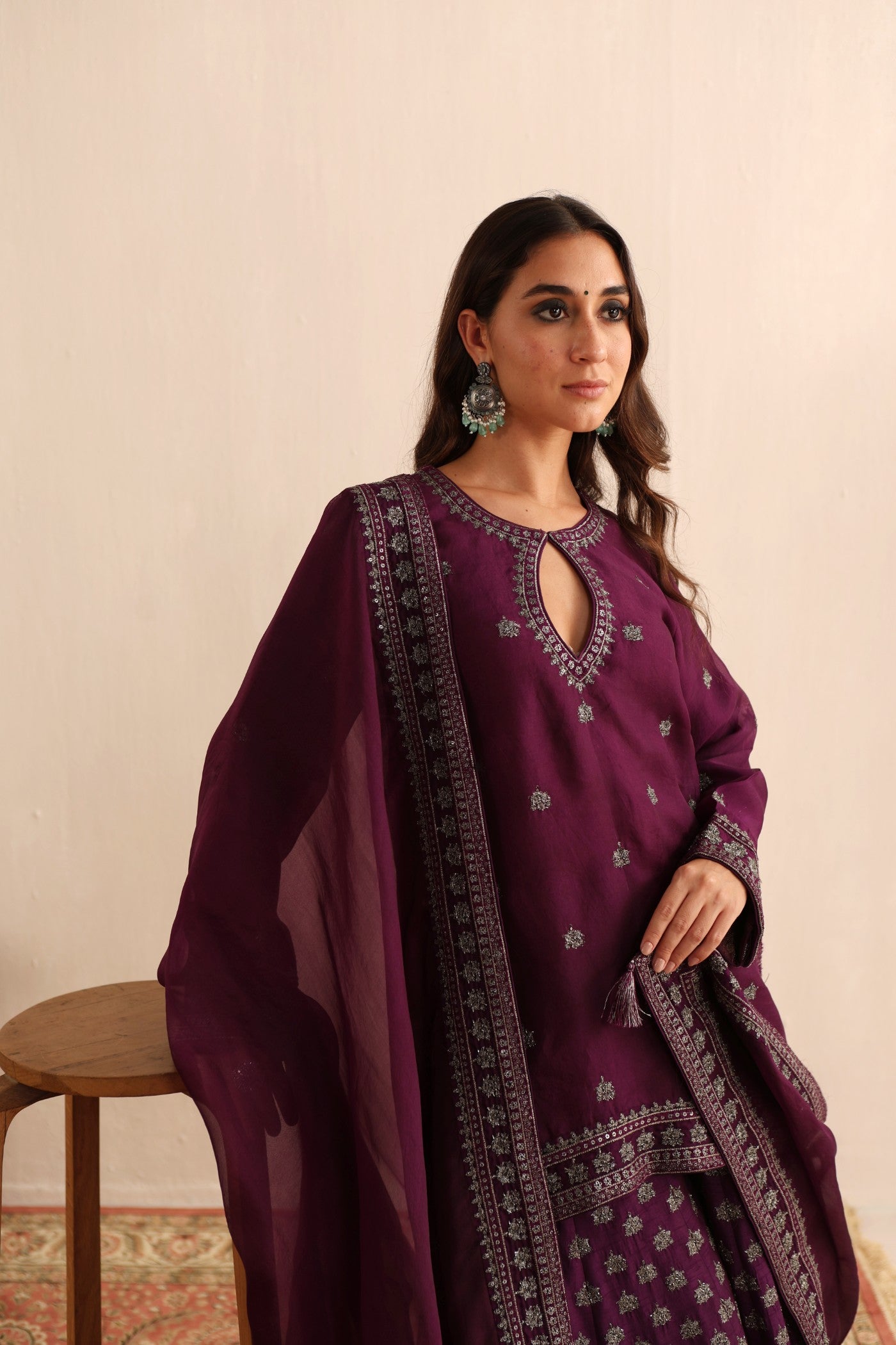 Purple Hand-Embroidered Pure Silk-Organza Short-Kurta-Sharara Set Paired With Pure Silk-Organza Dupatta