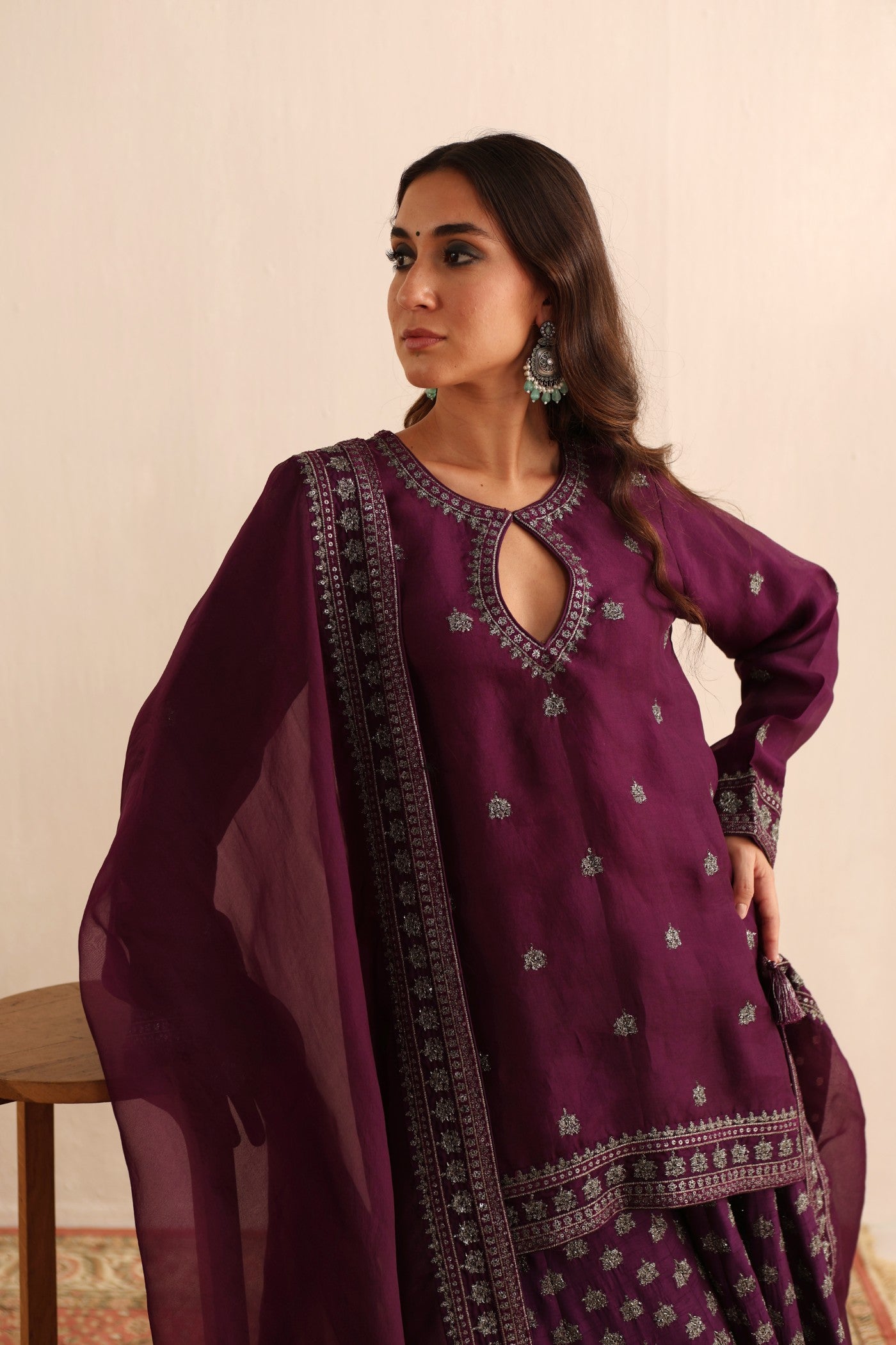 Purple Hand-Embroidered Pure Silk-Organza Short-Kurta-Sharara Set Paired With Pure Silk-Organza Dupatta