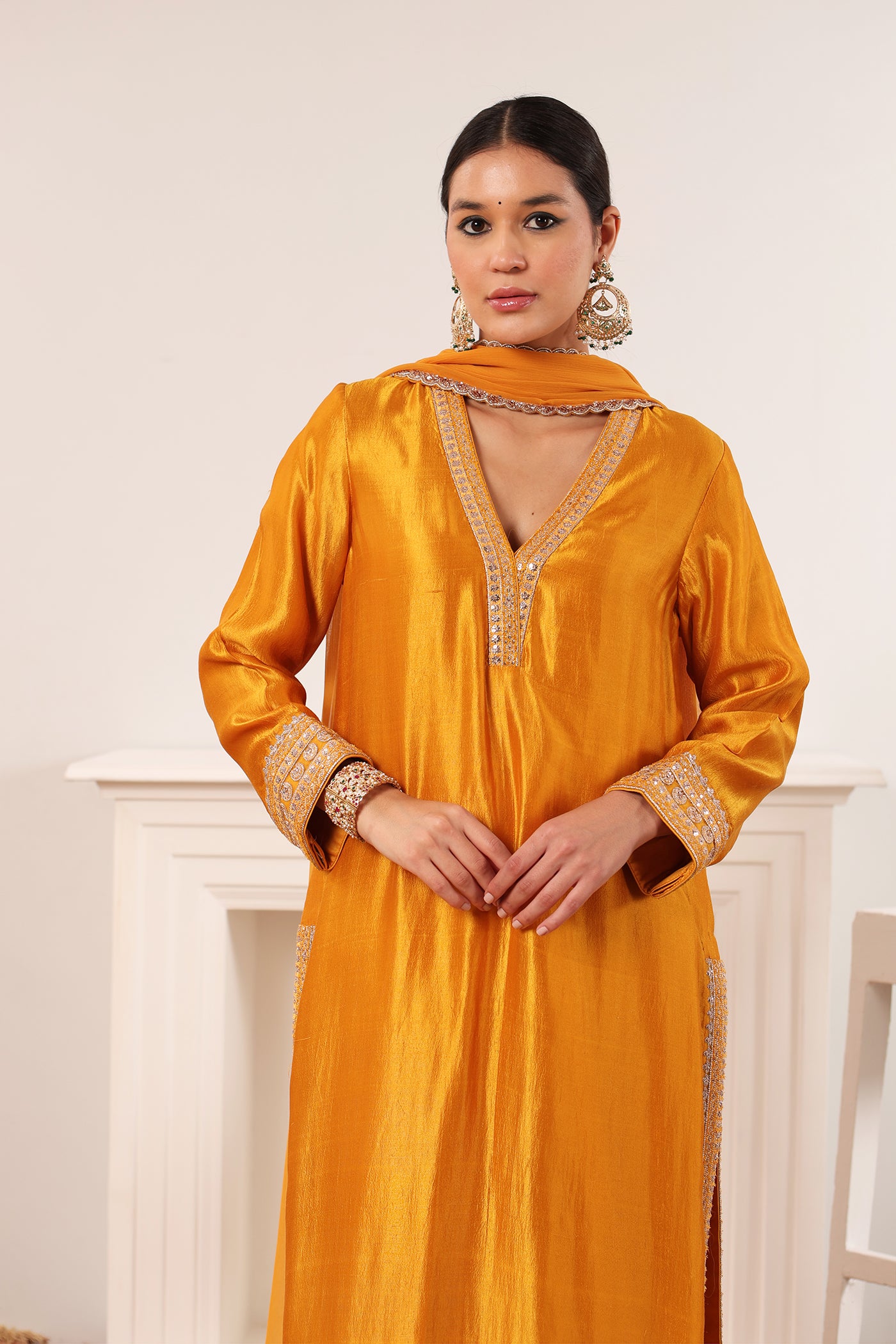 Mustard-Orange Embroidered Pure Silk Kurta-Pants Set