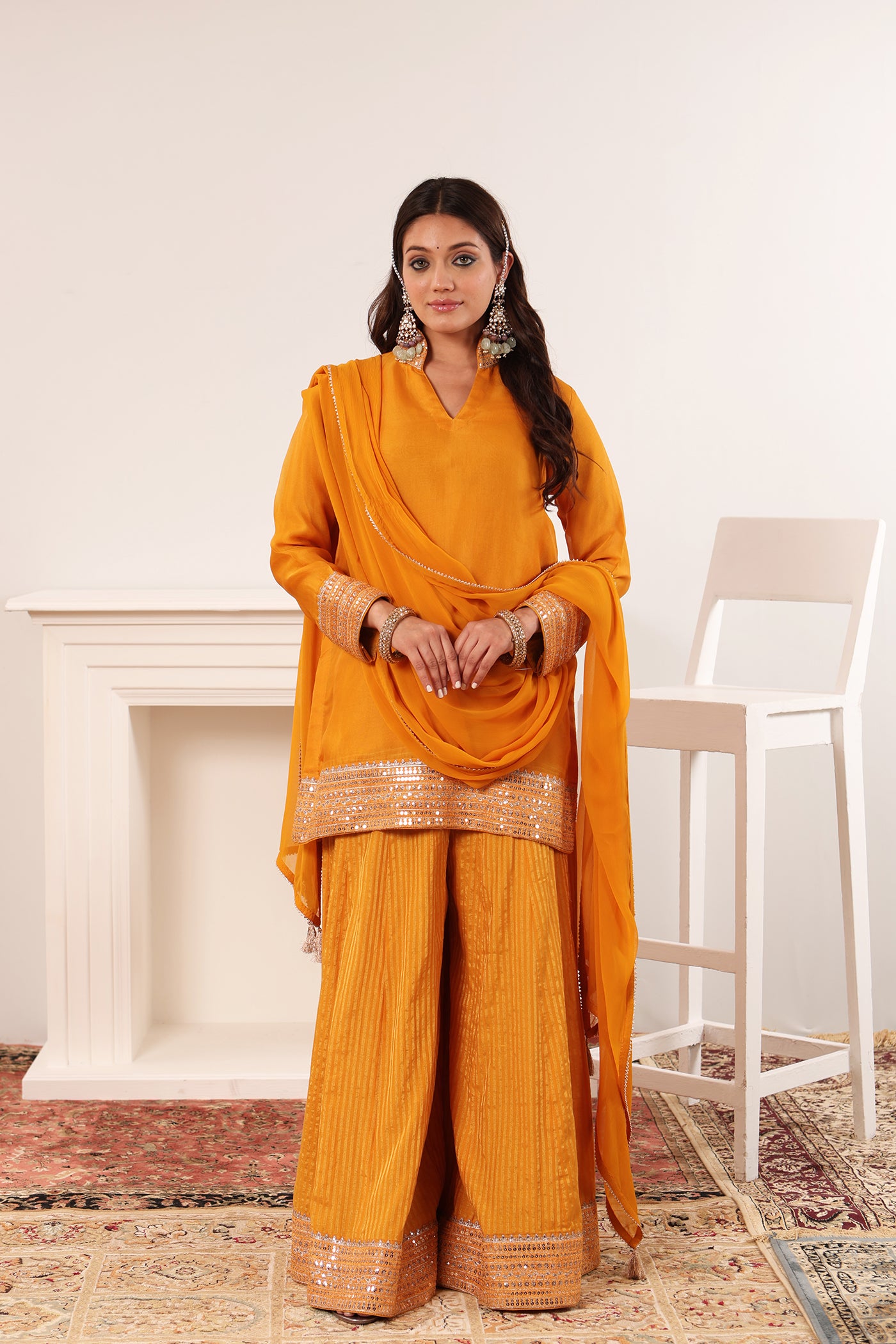 Mango-Yellow Embroidered Pure Silk-Organza Short-Kurta-Sharara Set Paired With Chiffon Dupatta