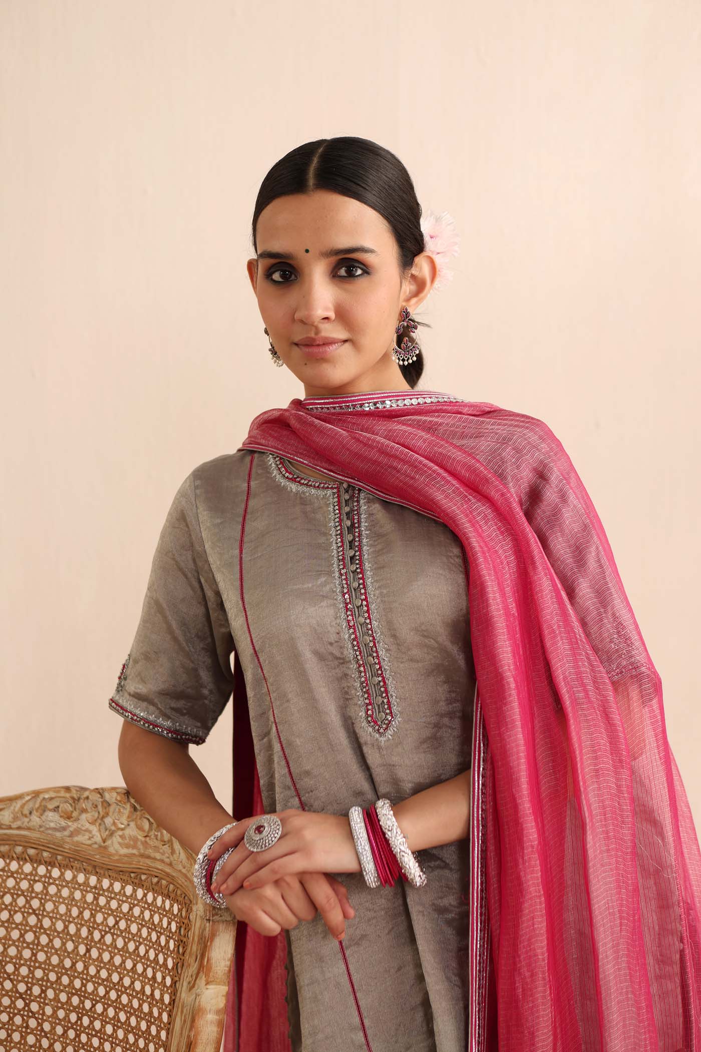 Silver Handloom Pure Metallic-Silk (Silver Tissue) Hand-Embroidered Short-Kurta-Sharara Set With Rani-Pink Pure Kota-Silk Dupatta