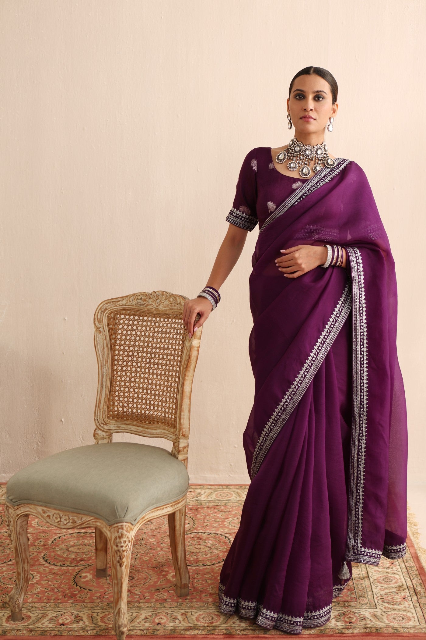 Aubergine Embroidered Pure Silk-Organza Saree-Blouse Set