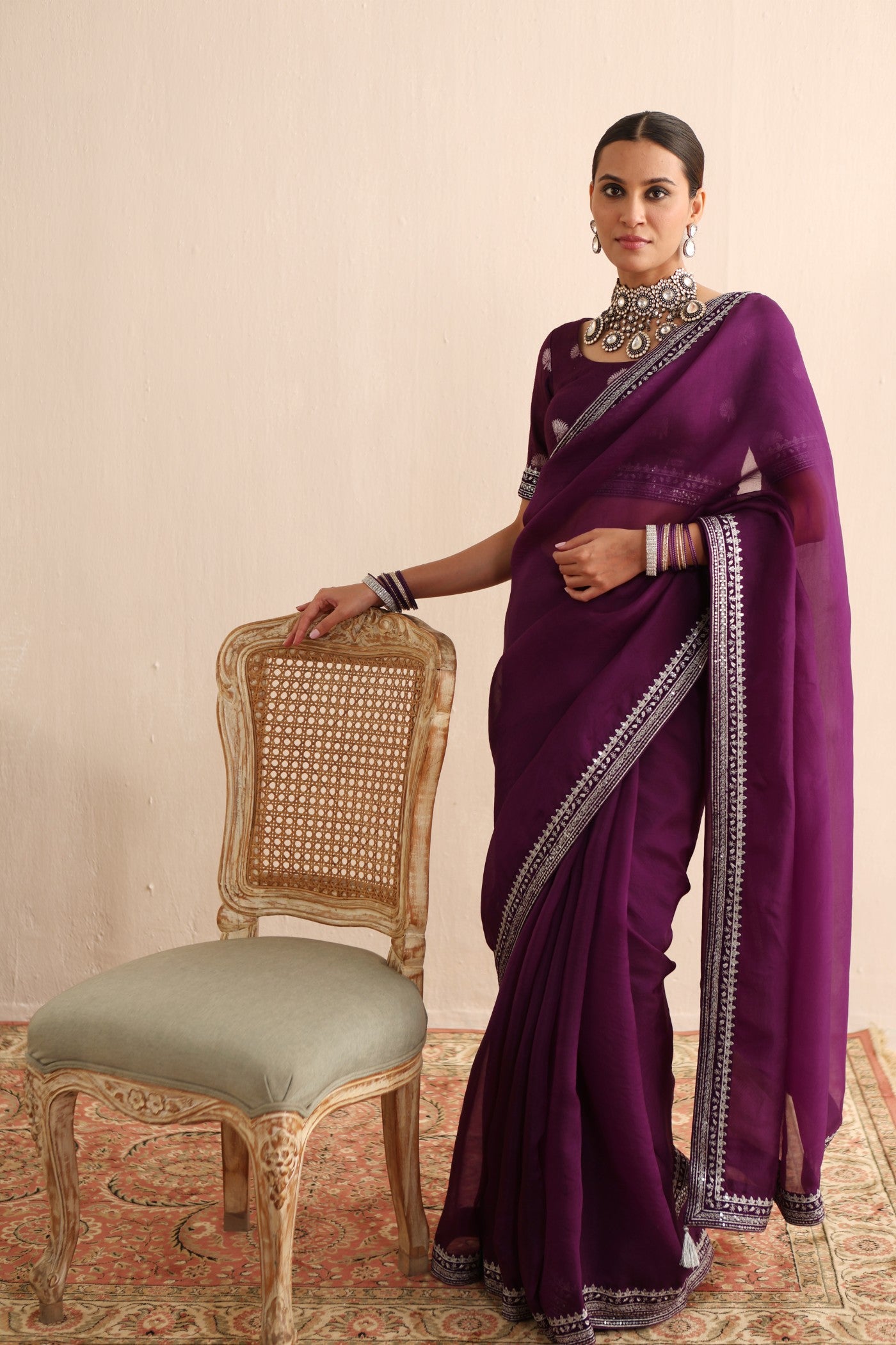 Aubergine Embroidered Pure Silk-Organza Saree-Blouse Set