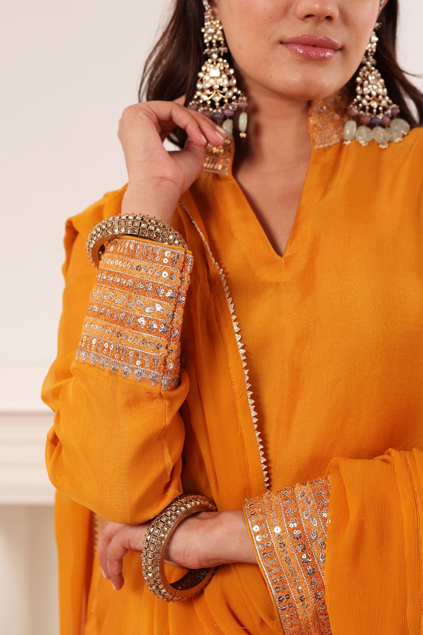 Mango-Yellow Embroidered Pure Silk-Organza Short-Kurta-Sharara Set Paired With Chiffon Dupatta