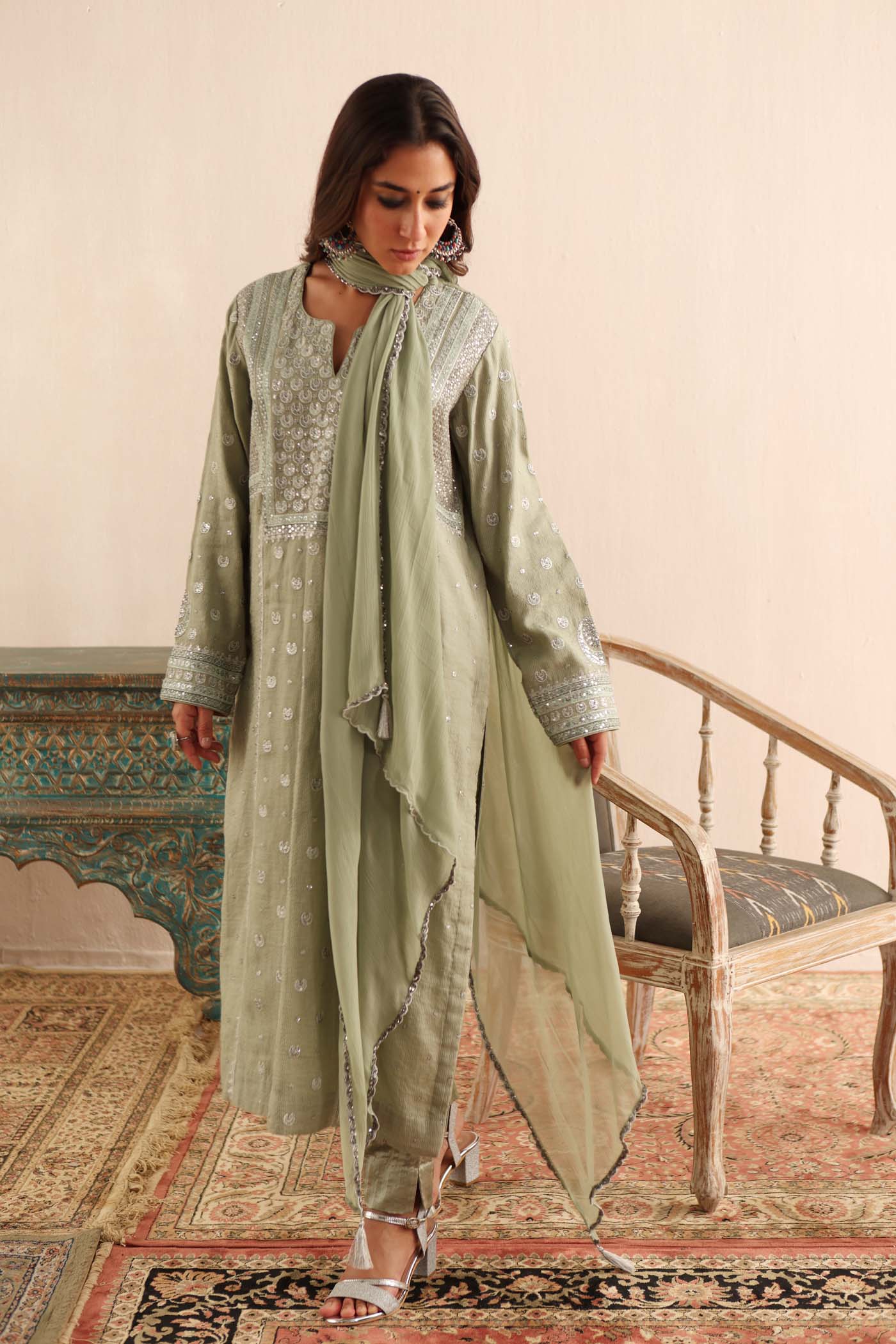 Fern-Green Embroidered (Chaand-Buta) Pure Handloom Silk-Cotton (Stripes & Checks) Kurta-Pants Set