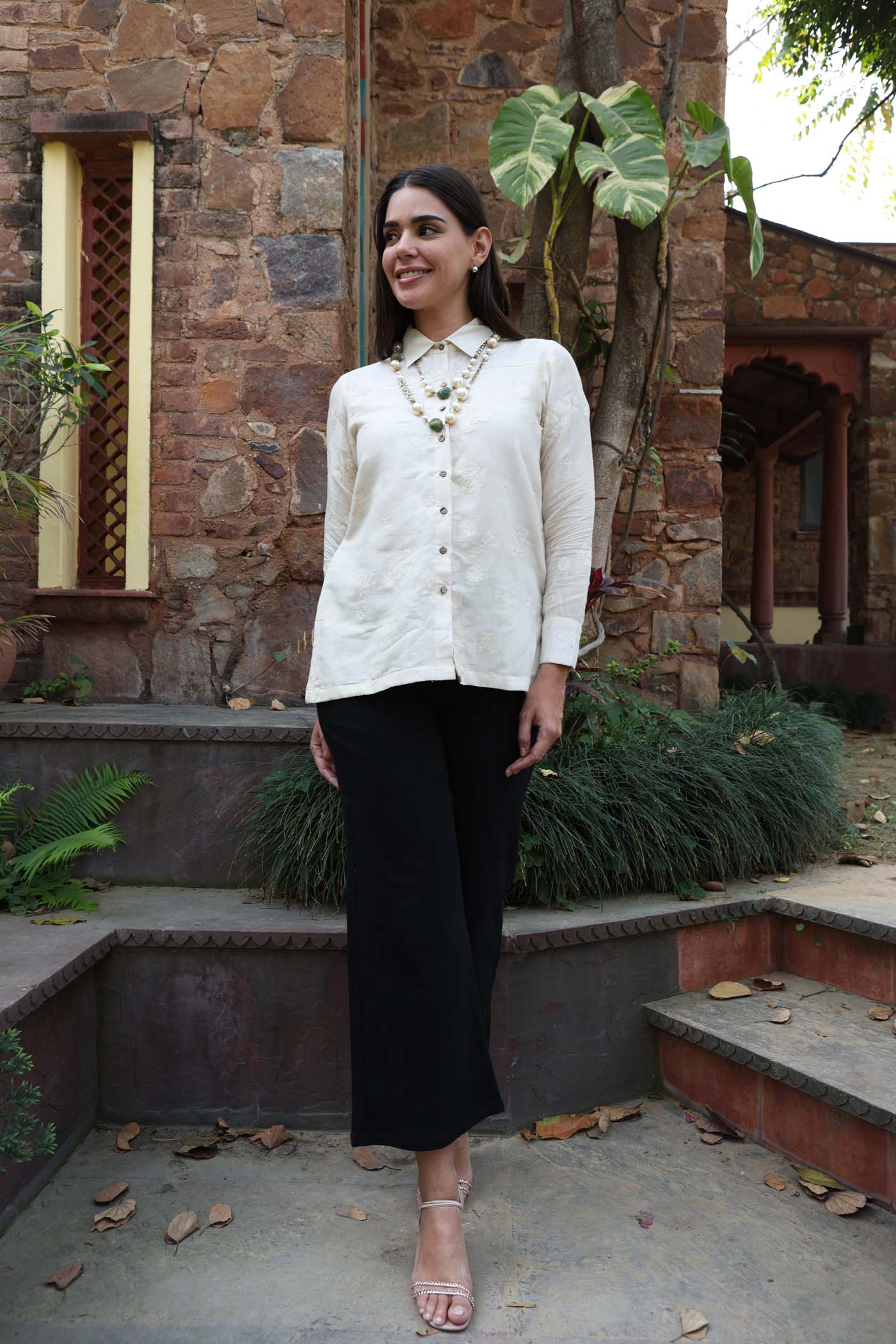 Ivory Embroidered Handloom Pure Linen-Cotton Collared Short-Blouse With Striped Shoulder-Yoke And Cuffs