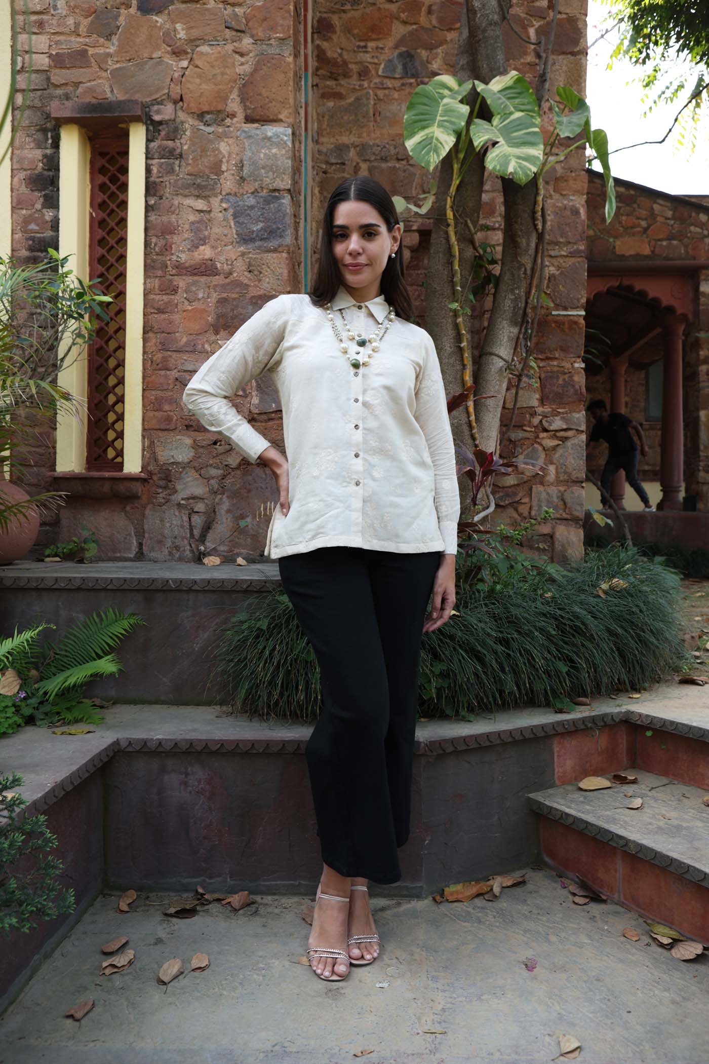 Ivory Embroidered Handloom Pure Linen-Cotton Collared Short-Blouse With Striped Shoulder-Yoke And Cuffs