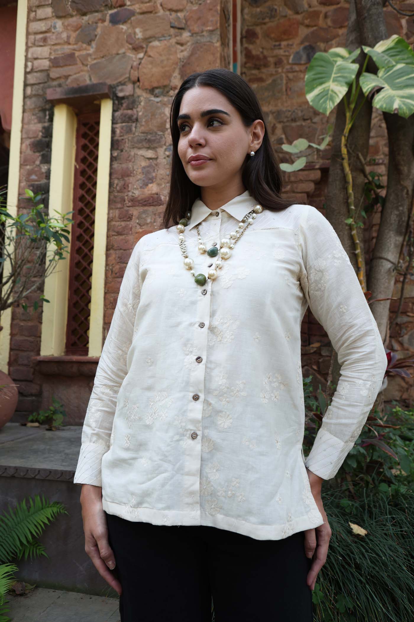 Ivory Embroidered Handloom Pure Linen-Cotton Collared Short-Blouse With Striped Shoulder-Yoke And Cuffs