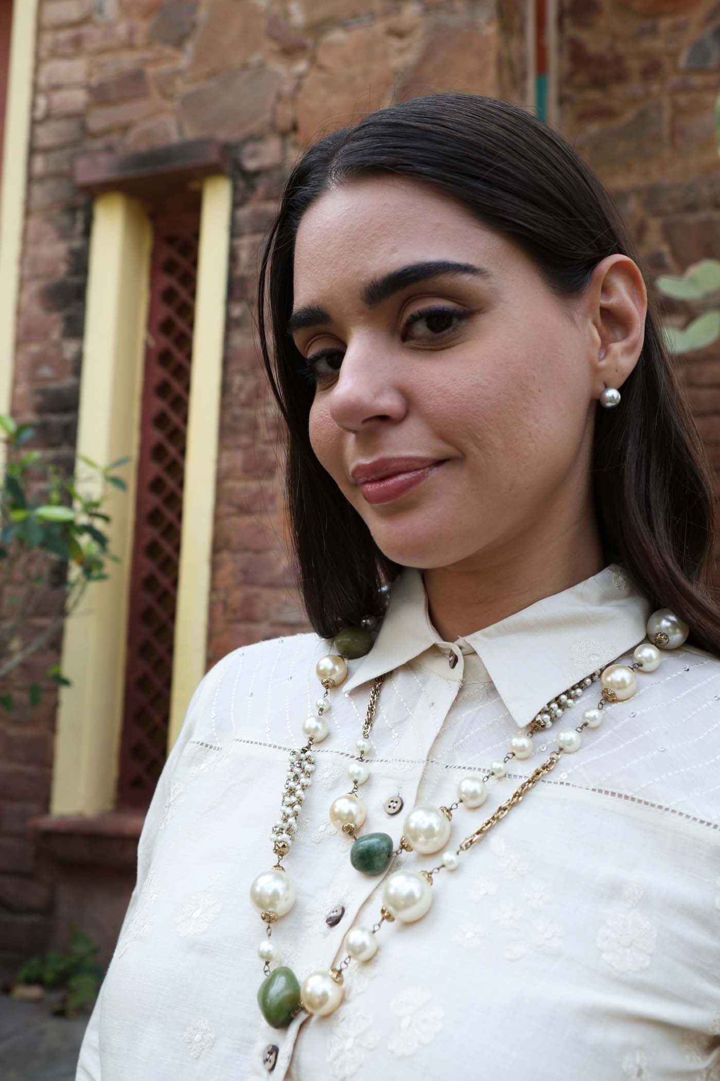 Ivory Embroidered Handloom Pure Linen-Cotton Collared Short-Blouse With Striped Shoulder-Yoke And Cuffs