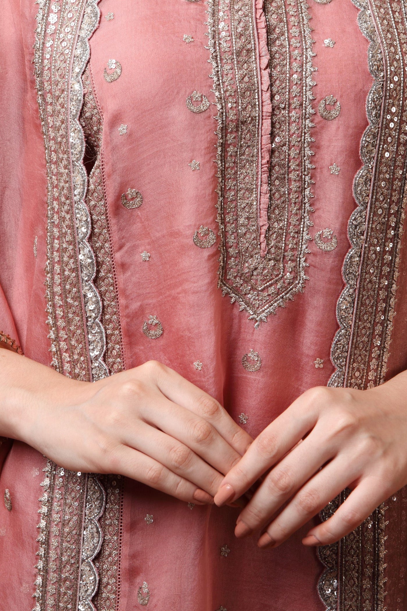 Hand Embroidered Dusty Apricot Pink Pure Katan Silk Chand Buta Kurta Pants Set