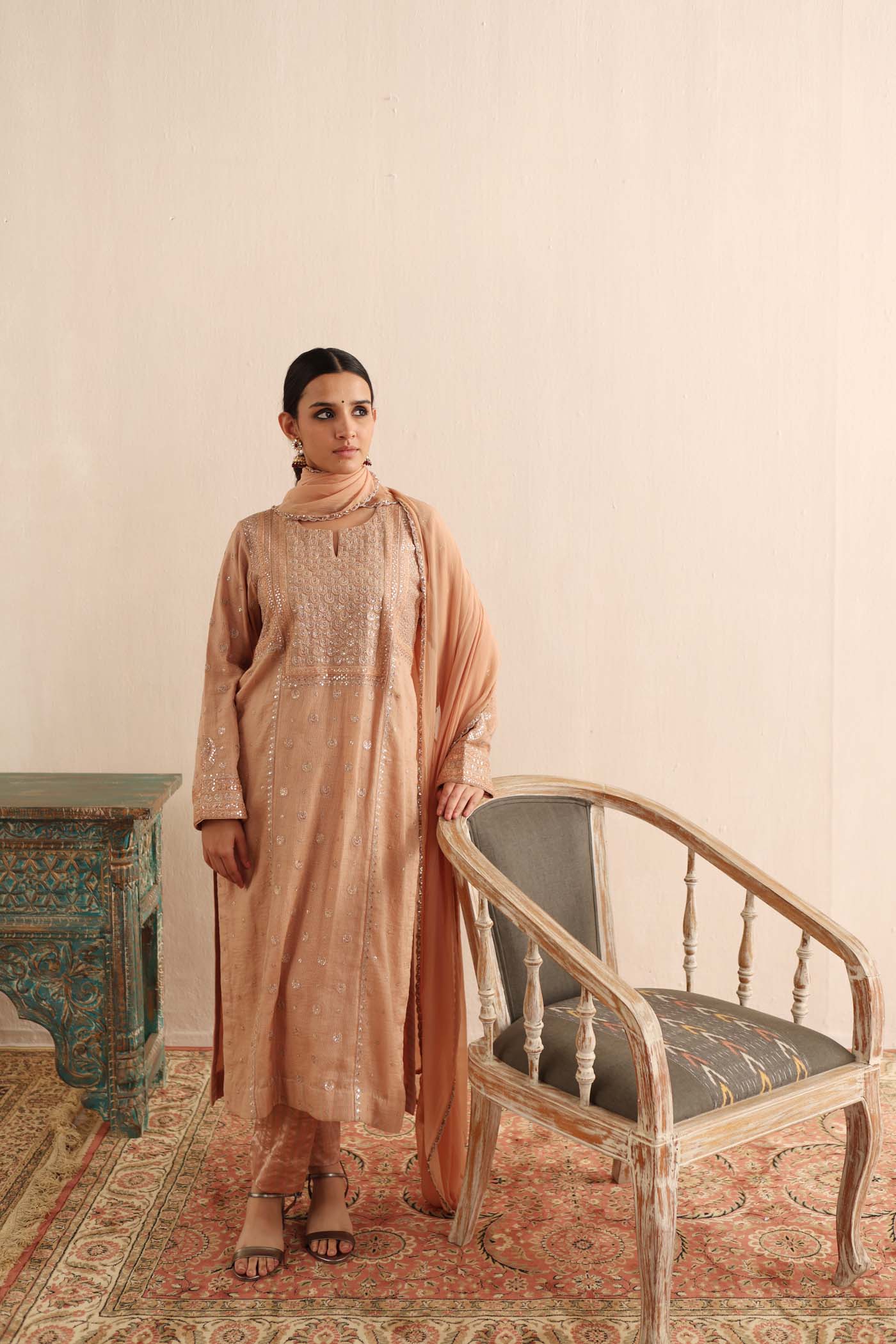 Peach Embroidered (Chaand-Buta) Pure Handloom Silk-Cotton (Stripes & Checks) Kurta-Pants Set