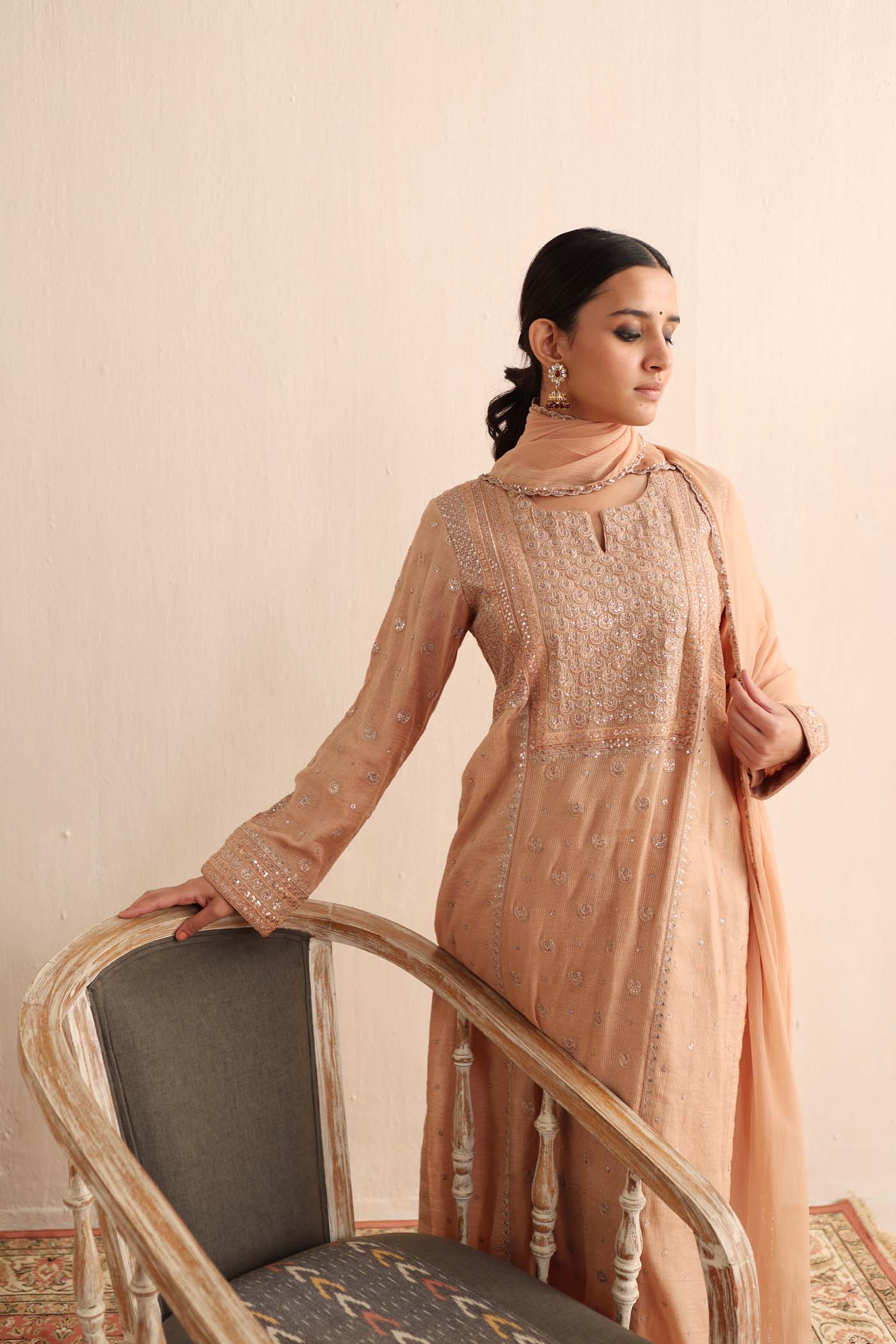 Peach Embroidered (Chaand-Buta) Pure Handloom Silk-Cotton (Stripes & Checks) Kurta-Pants Set