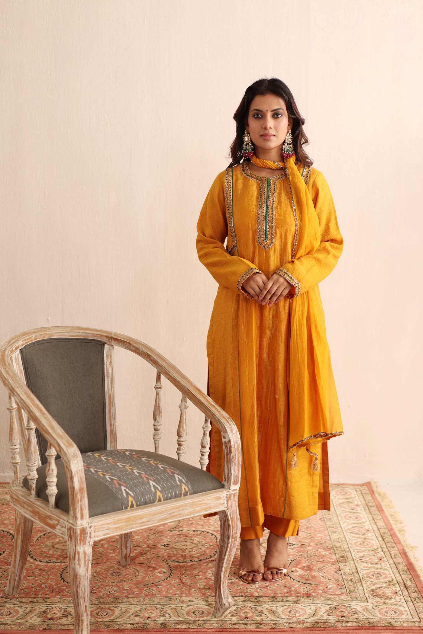 Mango-Yellow Hand-Embroidered Handloom Pure Cotton-Silk (Stripes & Checks) Kurta-Pants Set