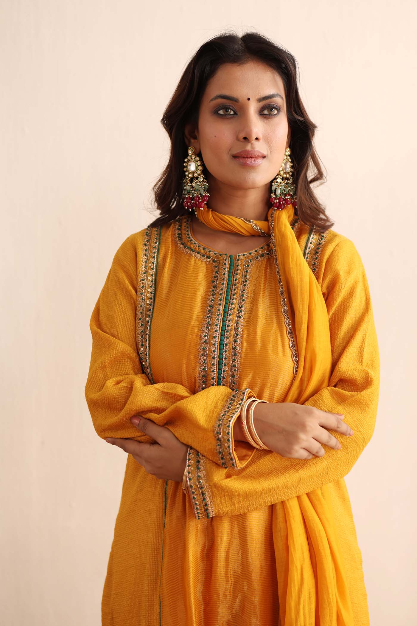 Mango-Yellow Hand-Embroidered Handloom Pure Cotton-Silk (Stripes & Checks) Kurta-Pants Set