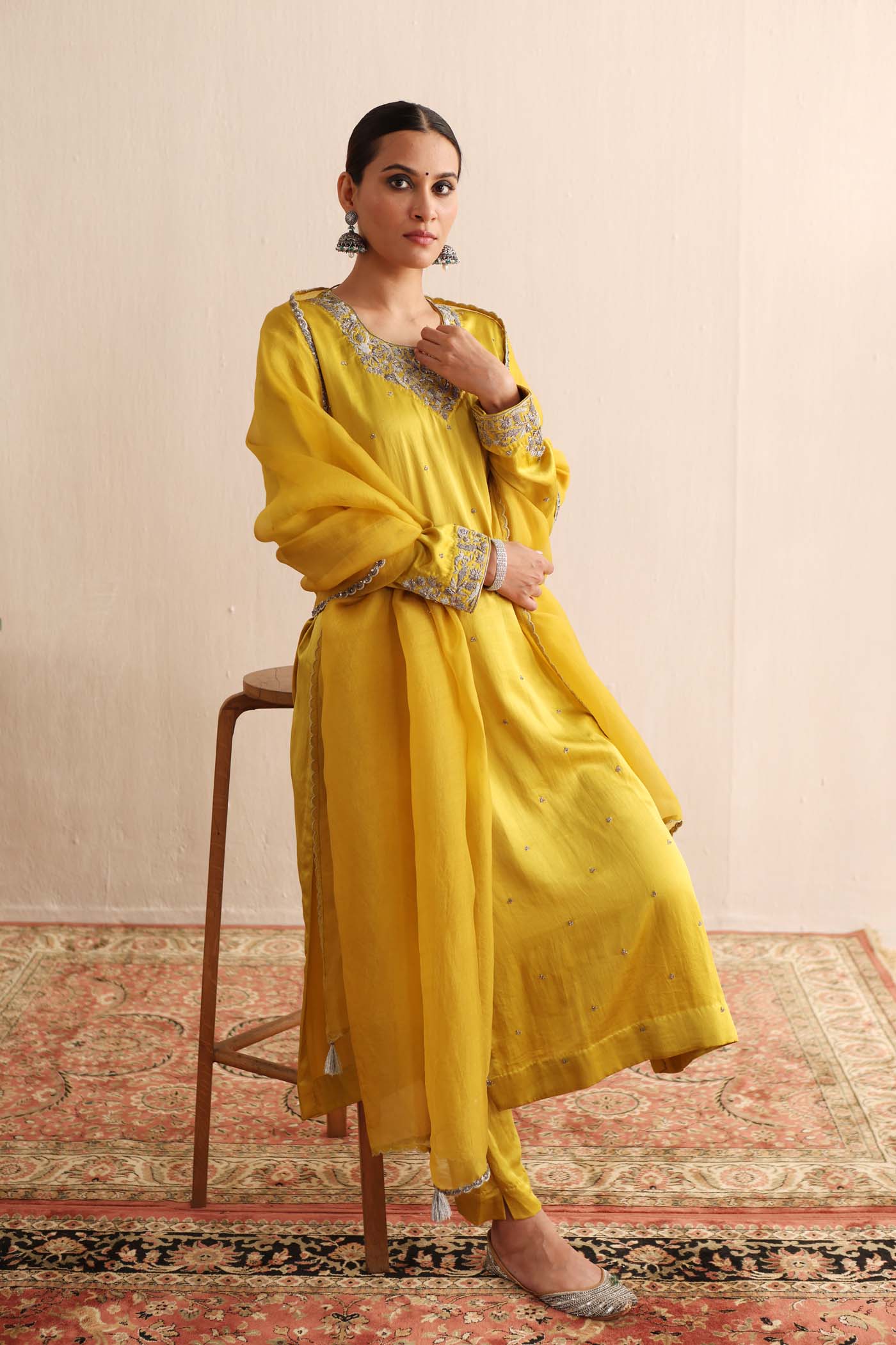 Lime-Yellow Hand-Embroidered Handloom Pure Mashru-Silk (Katan Silk & Cotton) Kurta-Pants Set