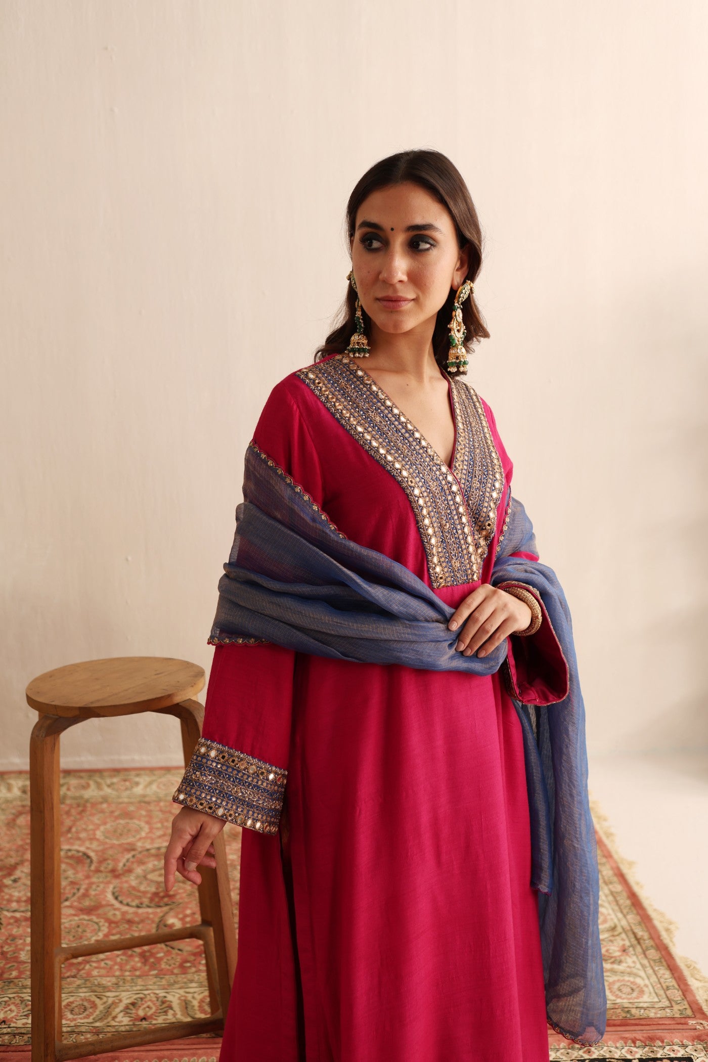 FUCHSIA-ROSE HAND-EMBROIDERED PURE MUGA-SILK KURTA-PANTS SET WITH ROYAL-BLUE PURE KOTA SILK DUPATTA