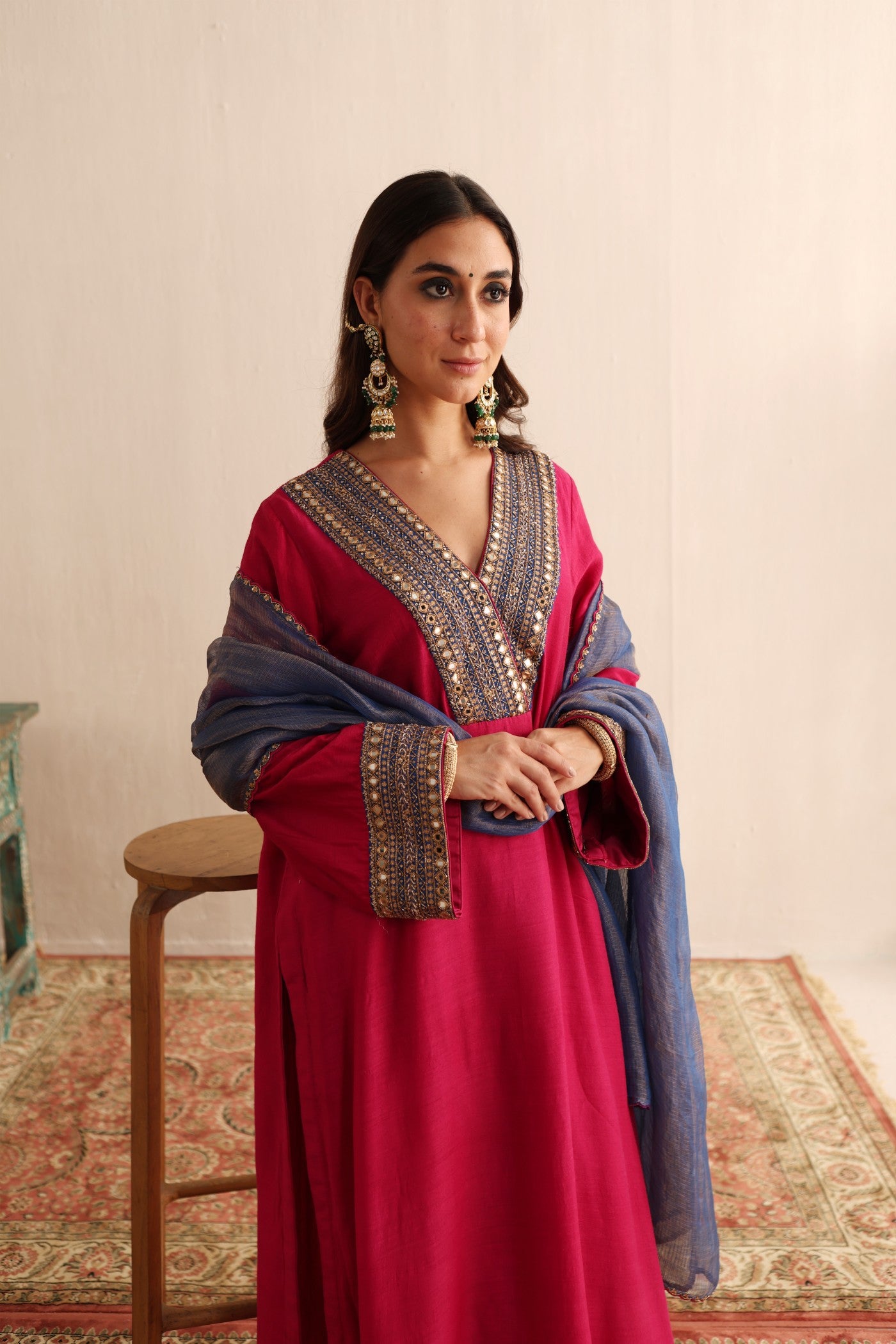 FUCHSIA-ROSE HAND-EMBROIDERED PURE MUGA-SILK KURTA-PANTS SET WITH ROYAL-BLUE PURE KOTA SILK DUPATTA