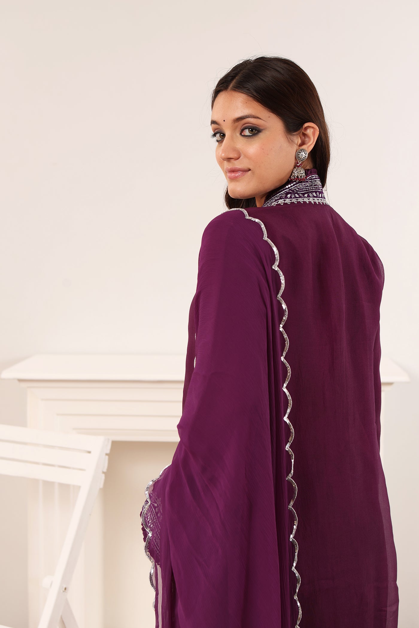 Aubergine Embroidered Pure Silk-Organza Kurta-Pants Set