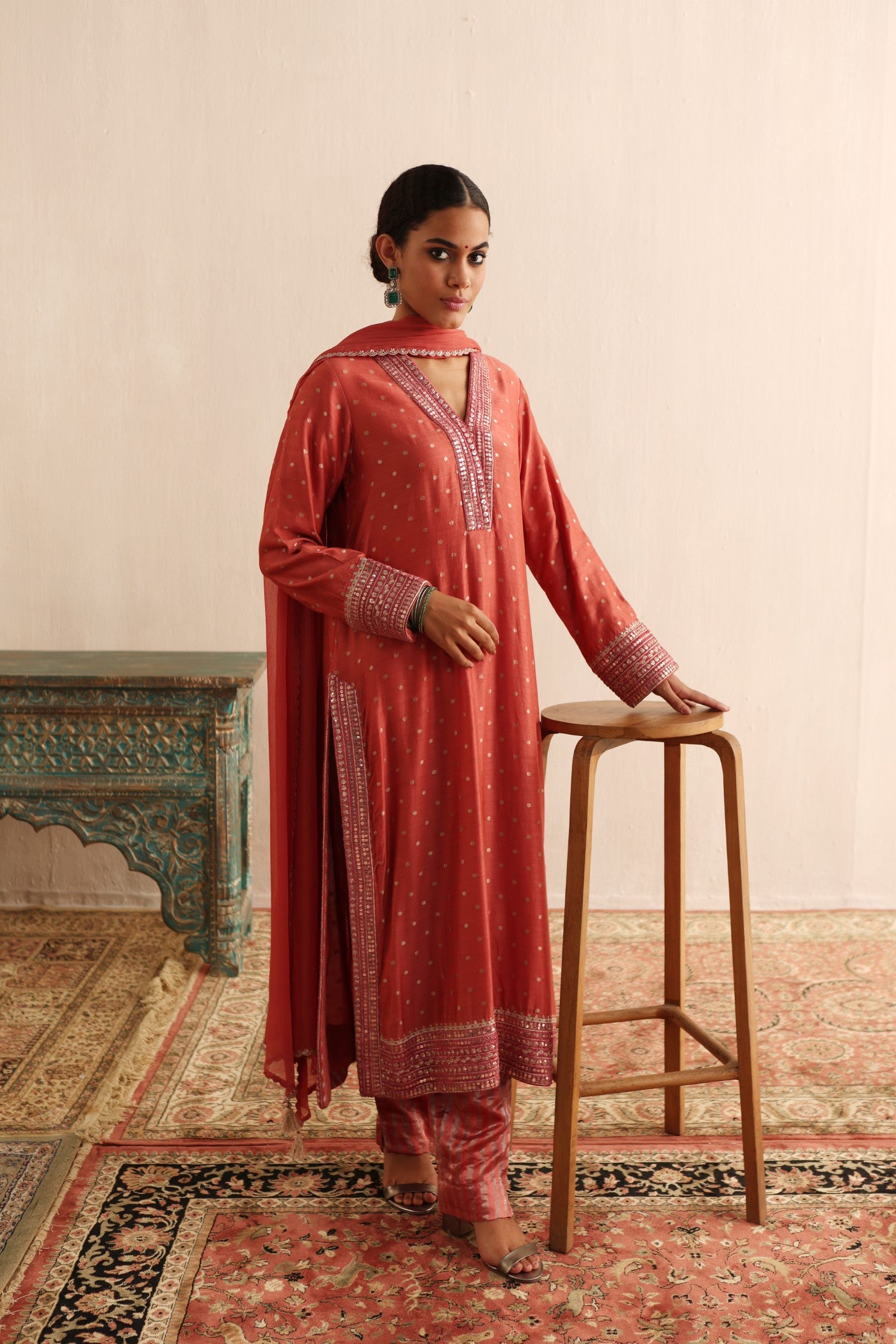 Brick-Dust Embroidered Pure Silk-Cotton (With Metallic Polka Dots) Kurta-Pants Set