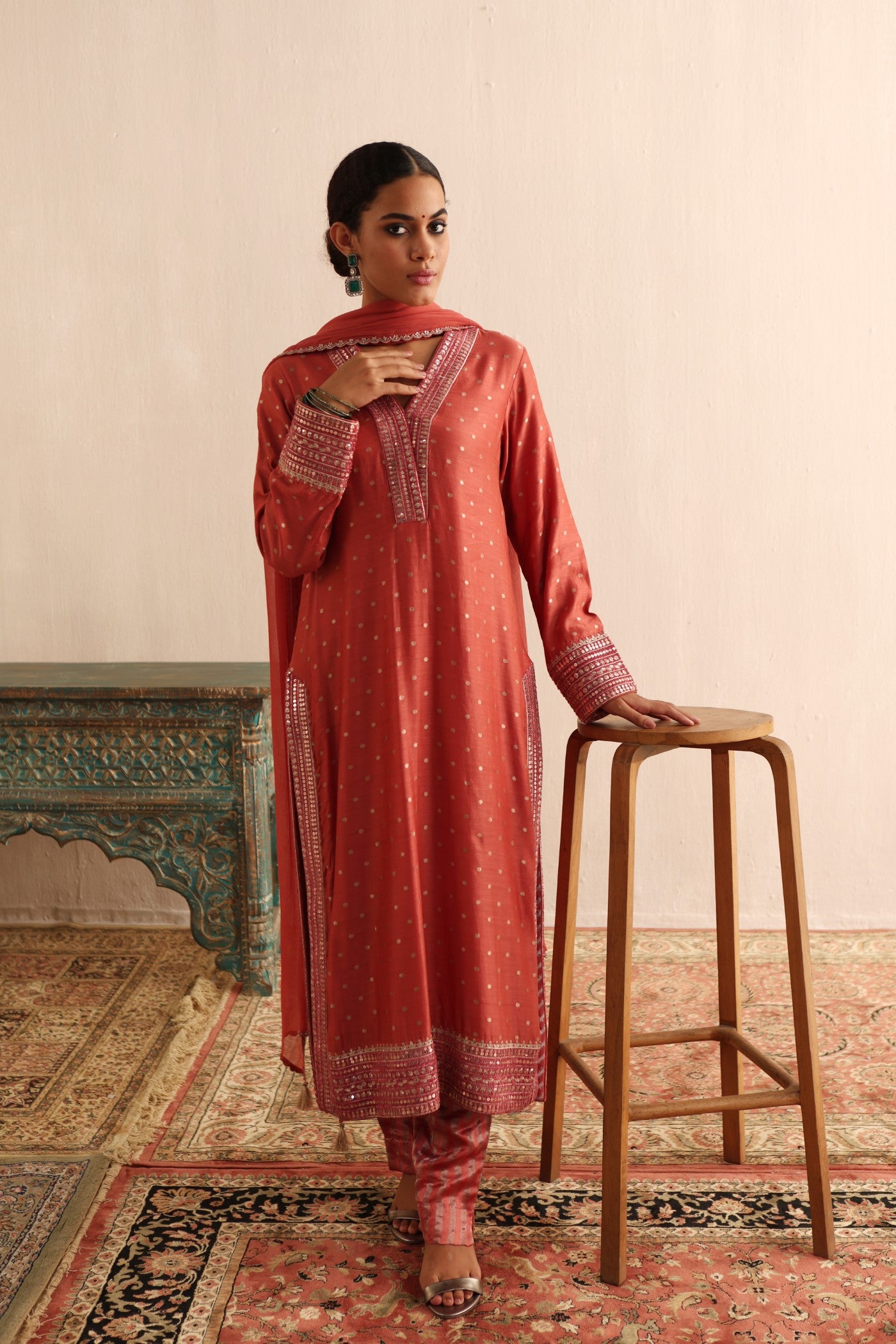 Brick-Dust Embroidered Pure Silk-Cotton (With Metallic Polka Dots) Kurta-Pants Set