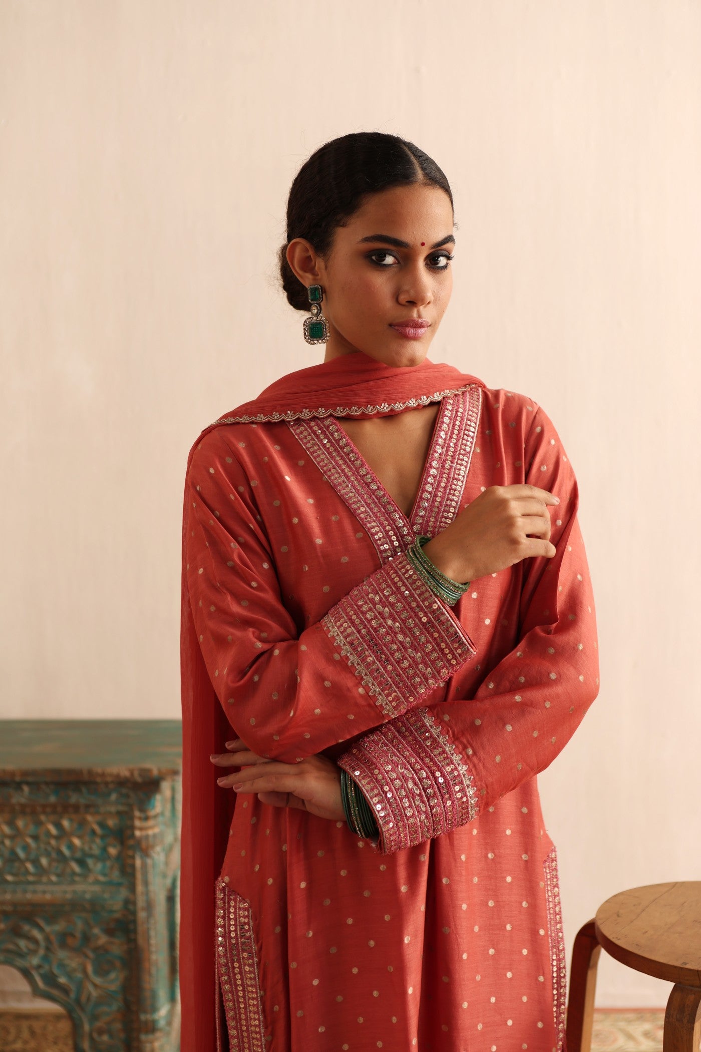 Brick-Dust Embroidered Pure Silk-Cotton (With Metallic Polka Dots) Kurta-Pants Set