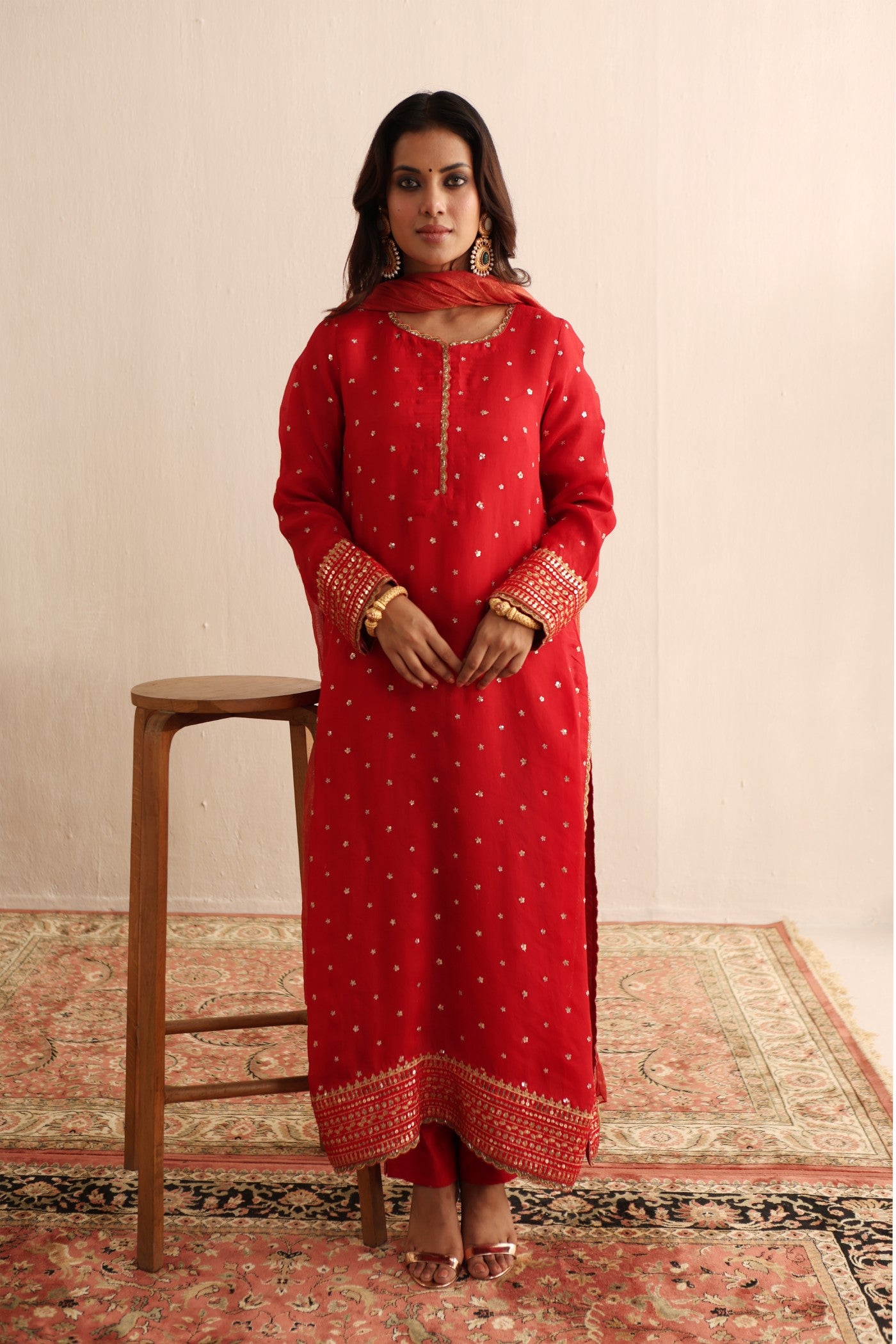 Bridal-Red Embroidered Pure Silk-Organza Kurta-Pants Set With Metallic Silk-Cotton Dupatta