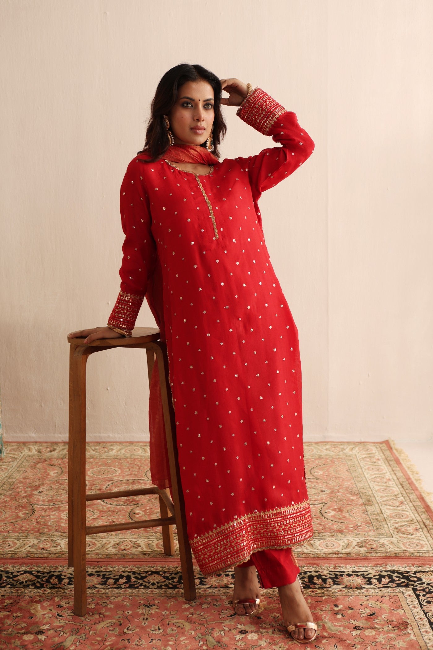 Bridal-Red Embroidered Pure Silk-Organza Kurta-Pants Set With Metallic Silk-Cotton Dupatta