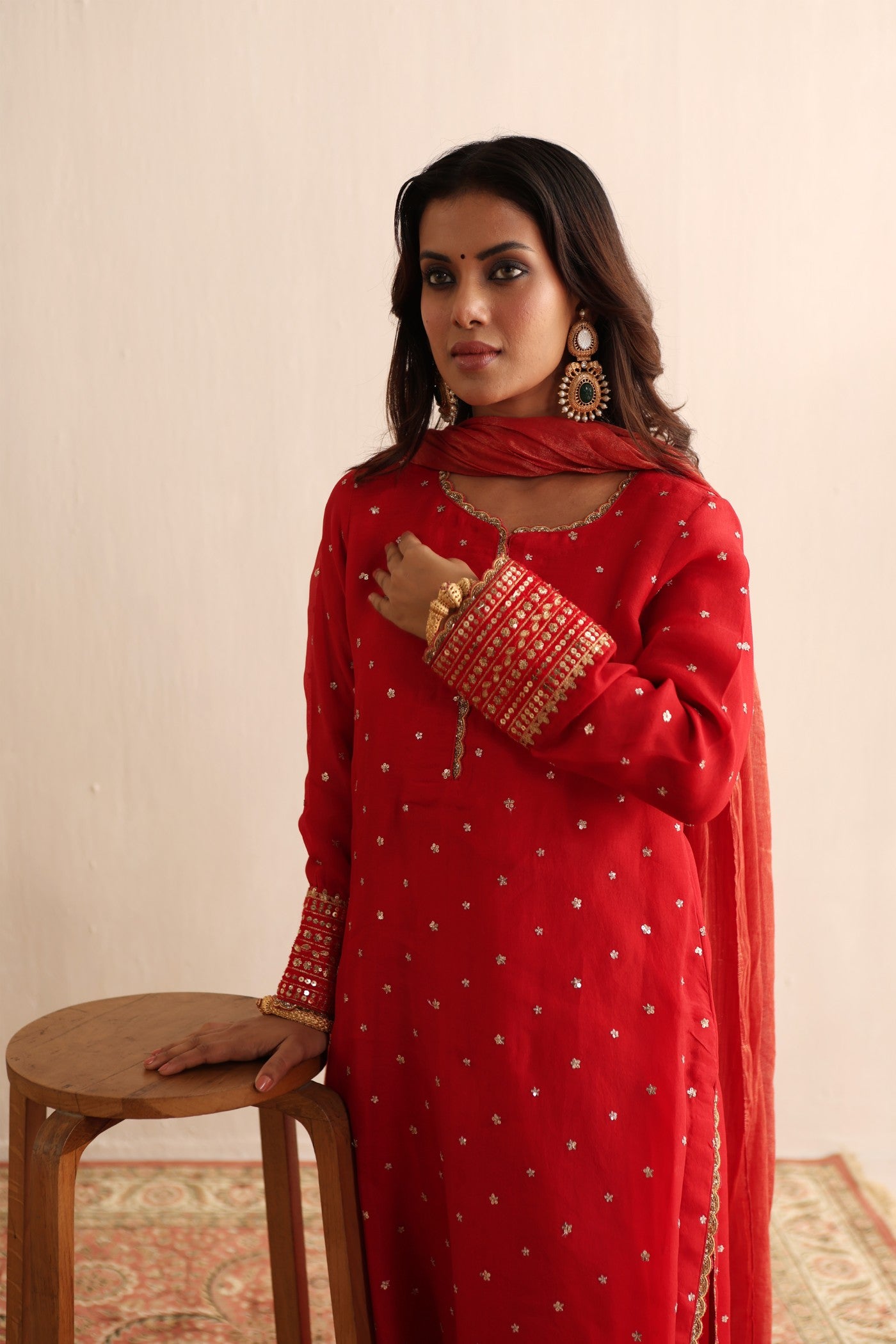 Bridal-Red Embroidered Pure Silk-Organza Kurta-Pants Set With Metallic Silk-Cotton Dupatta