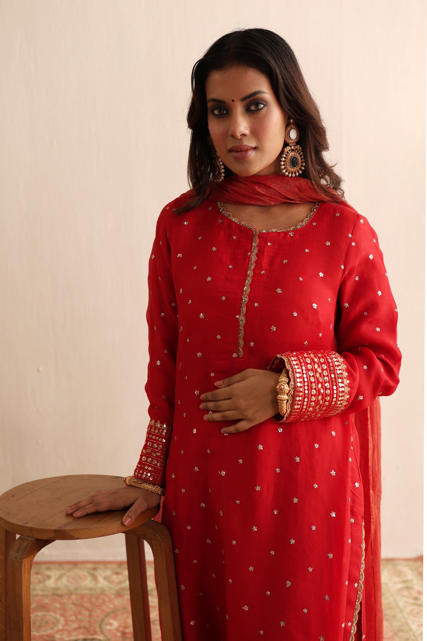 Bridal-Red Embroidered Pure Silk-Organza Kurta-Pants Set With Metallic Silk-Cotton Dupatta