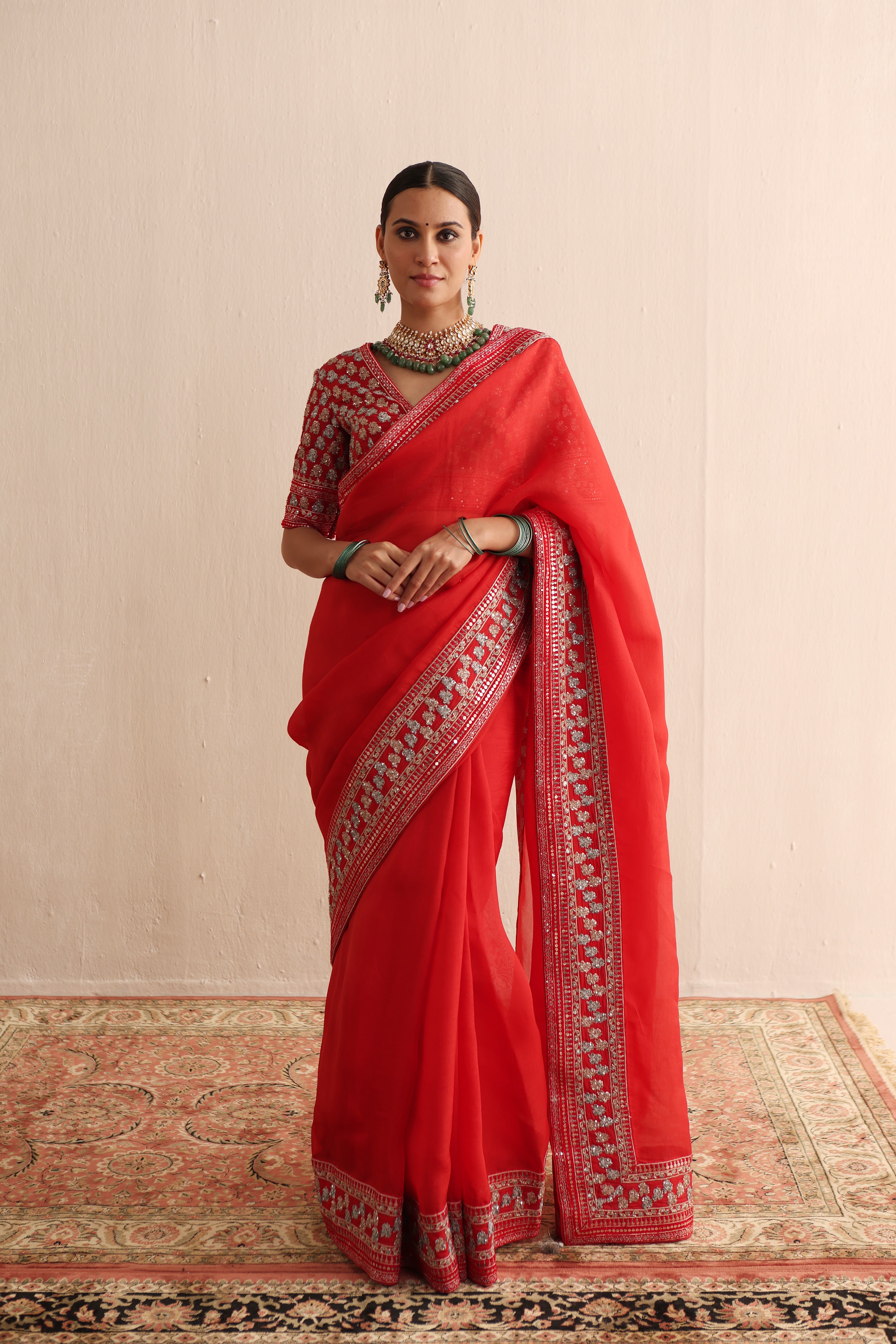 TOMATO RED AND-EMBROIDERED PURE SILK-ORGANZA SAREE WITH PURE CREPE BLOUSE SET