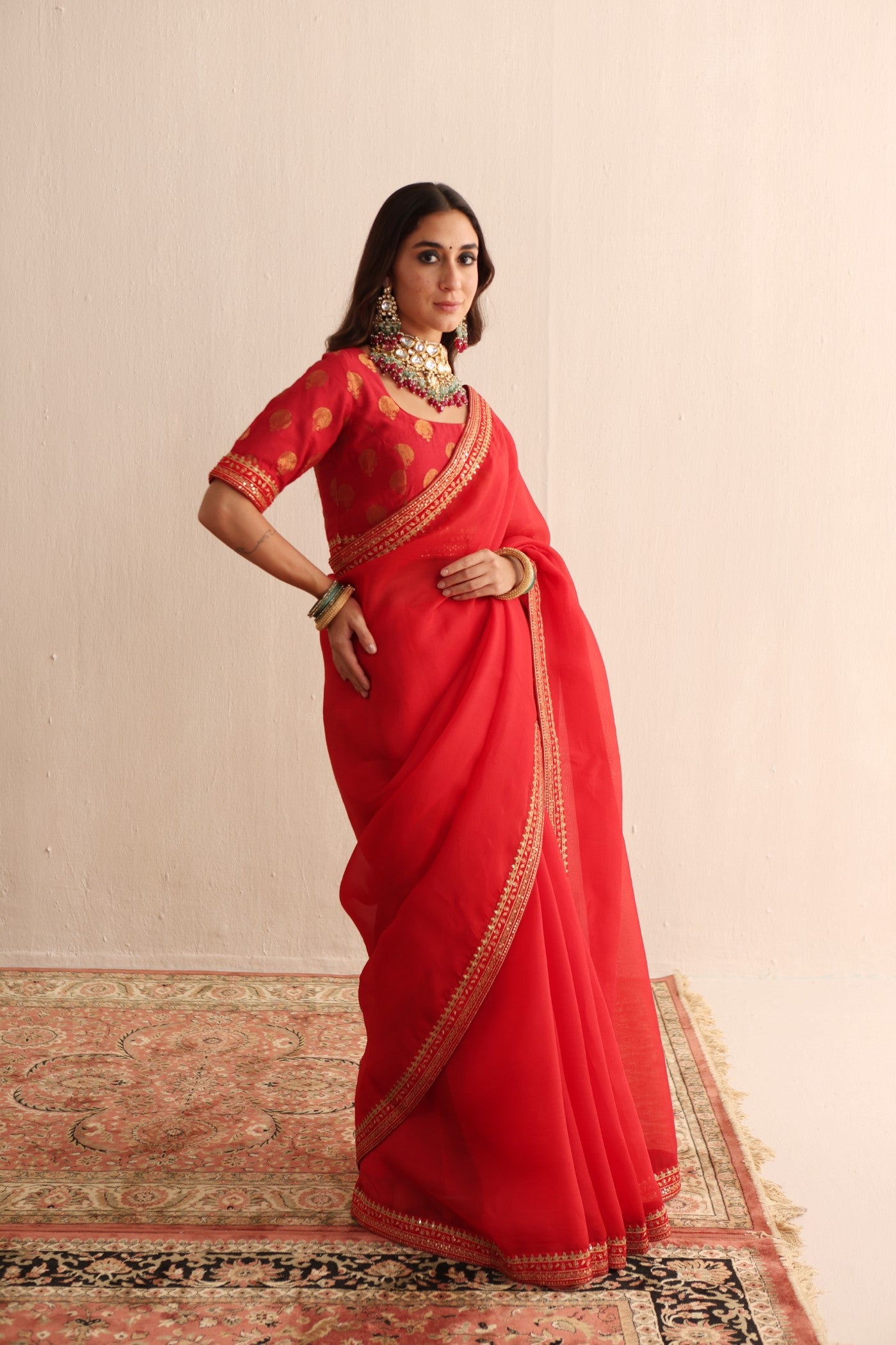 Tomato-Red Embroidered Pure Silk-Organza Saree-Blouse Set