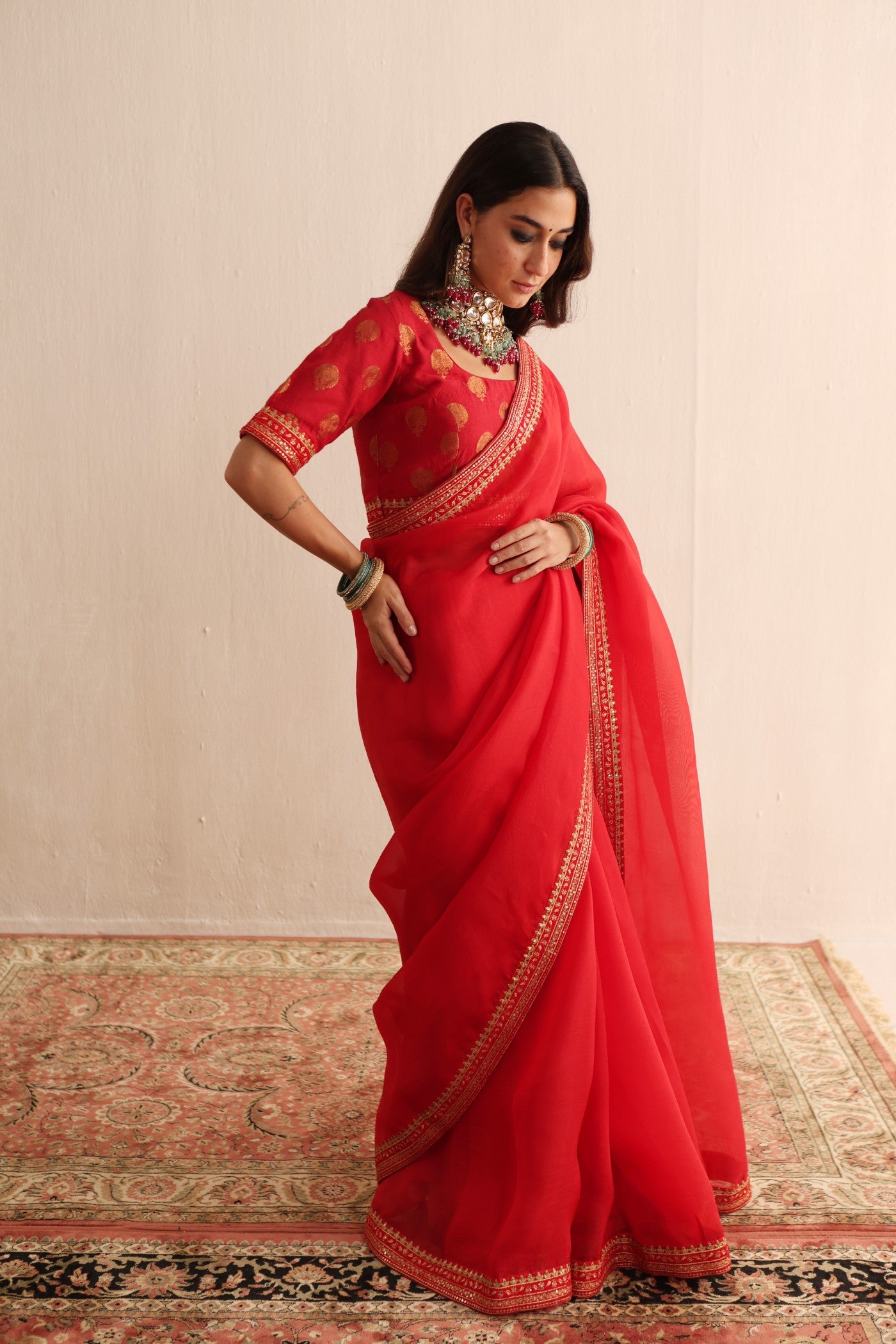 Tomato-Red Embroidered Pure Silk-Organza Saree-Blouse Set