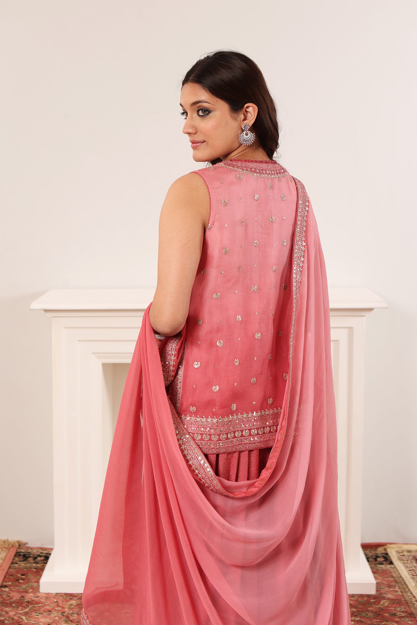 Candy-Pink Embroidered Pure Silk-Organza Short-Kurta-Sharara Set