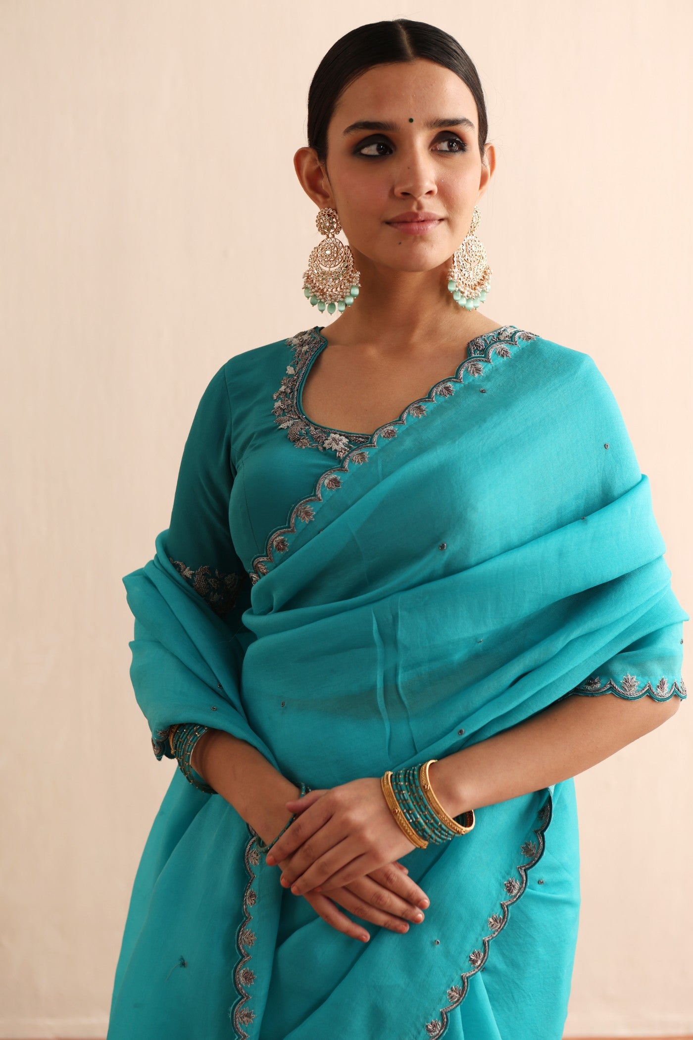 BLUEBIRD BLUE HAND-EMBROIDERED PURE SILK-ORGANZA SAREE WITH ENAMEL-BLUE PURE CREPE-SILK BLOUSE SET