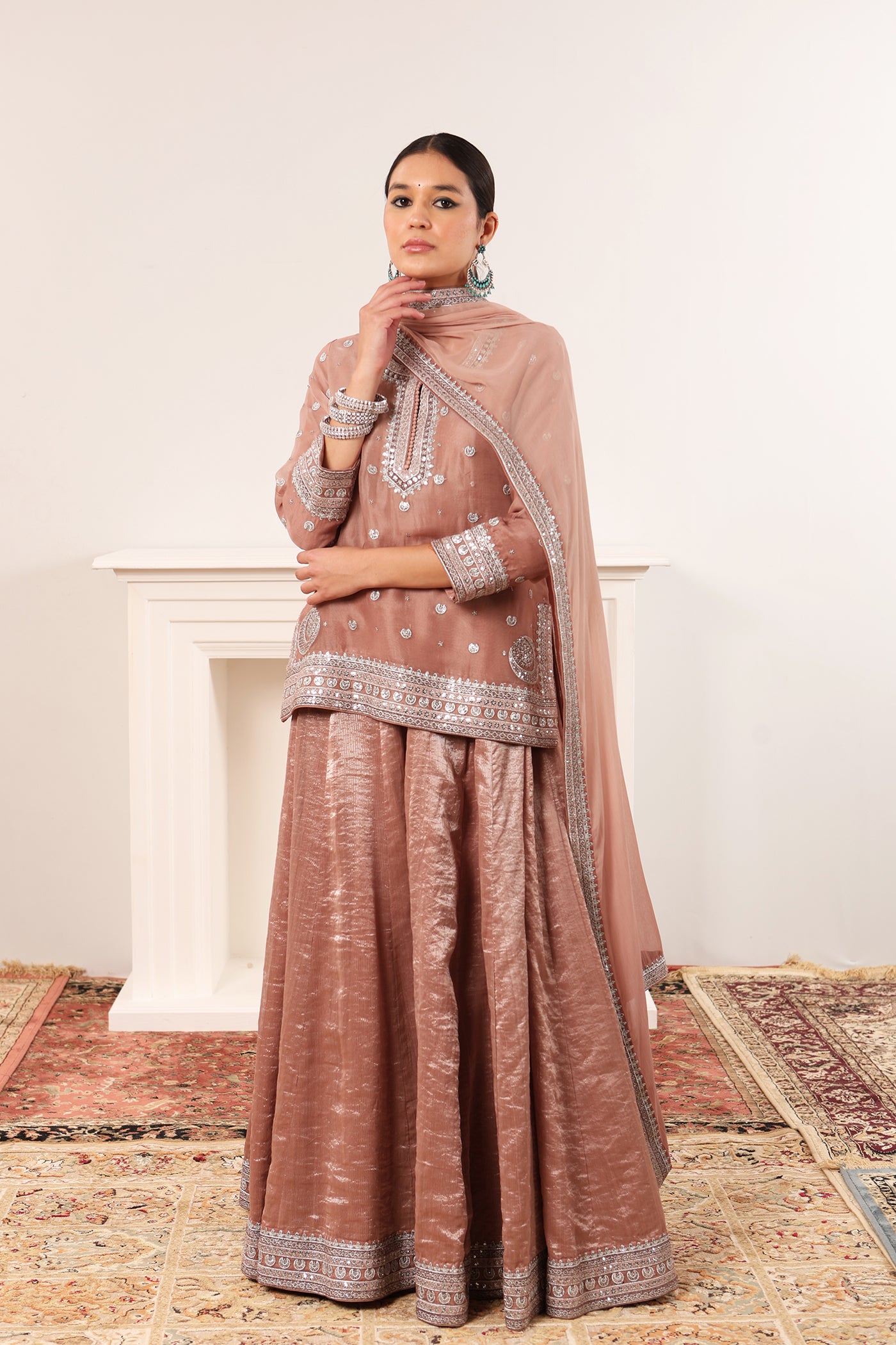 Rose-Brown Chaand-Buta Embroidered Pure Silk-Cotton Short-Kurta-Sharara Set Paired With Chiffon Dupatta