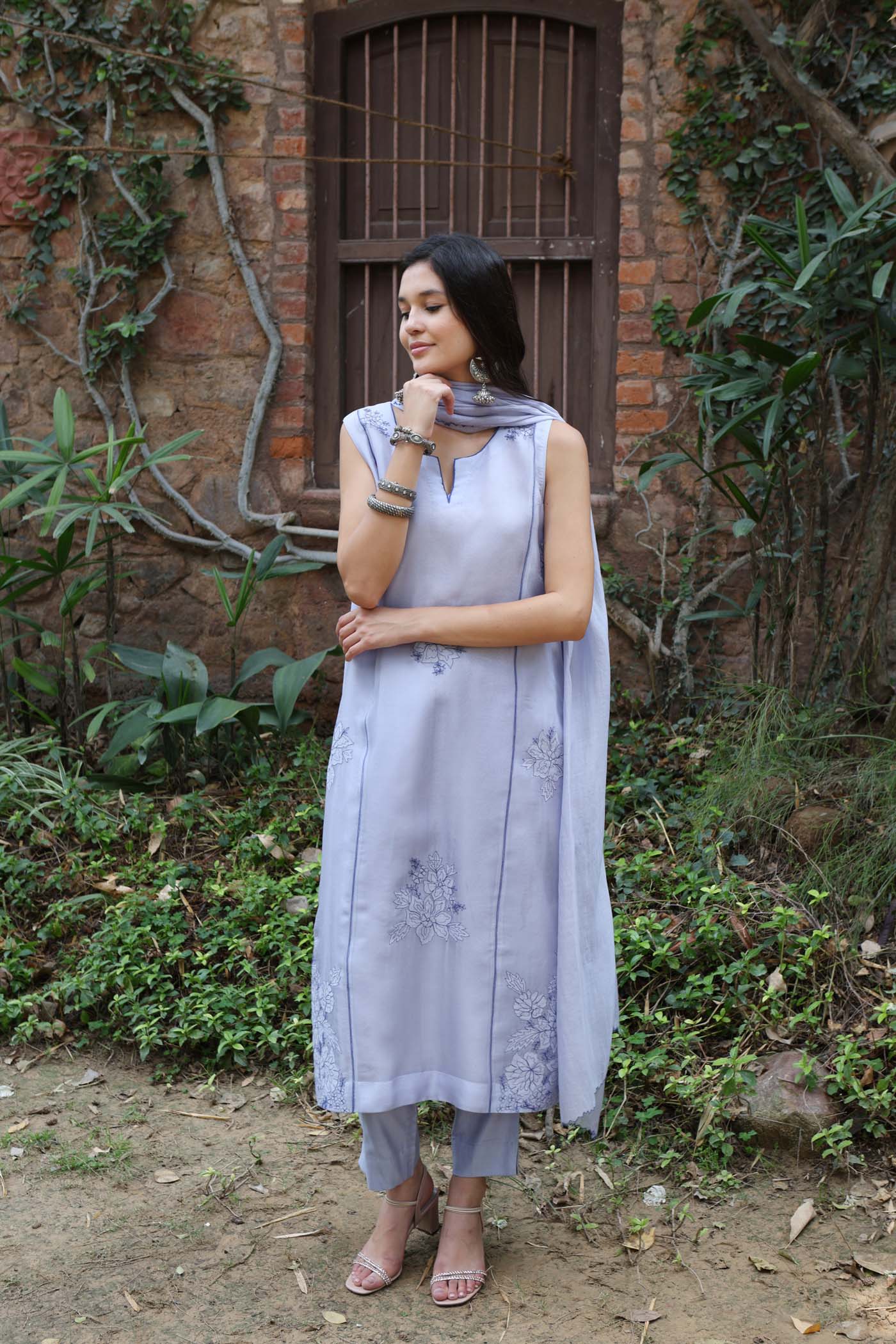 Forever-Blue Pure Silk Organza Embroidered (Applique & Cuwork) Sleeveless Kurta-Pants Set